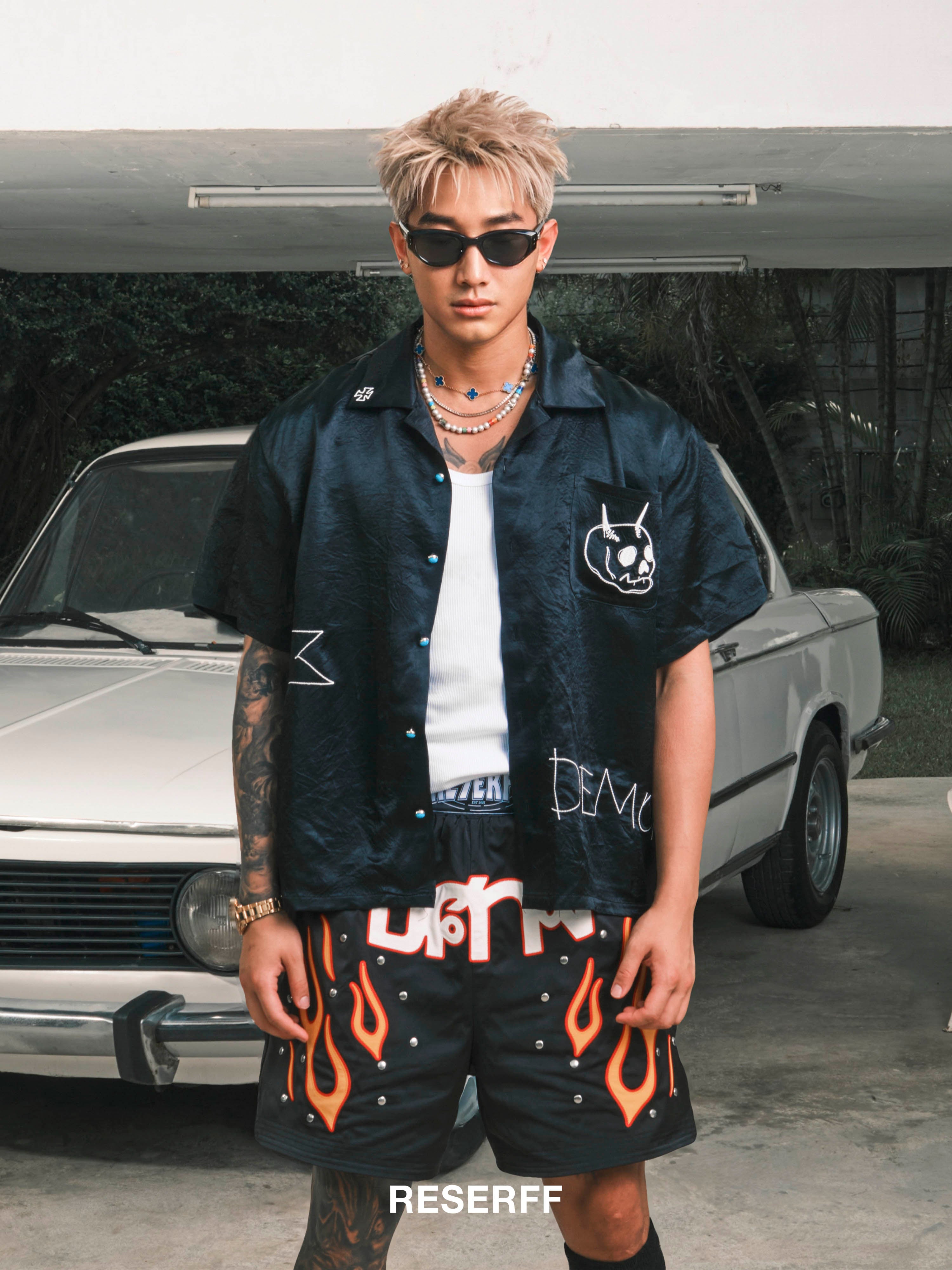 MALEVOLENT STAR WITCH ACETATE EMBROIDERED PATTERN TEXTURE BUTTONS WIDE SHORT SILHOUETTE SHIRT