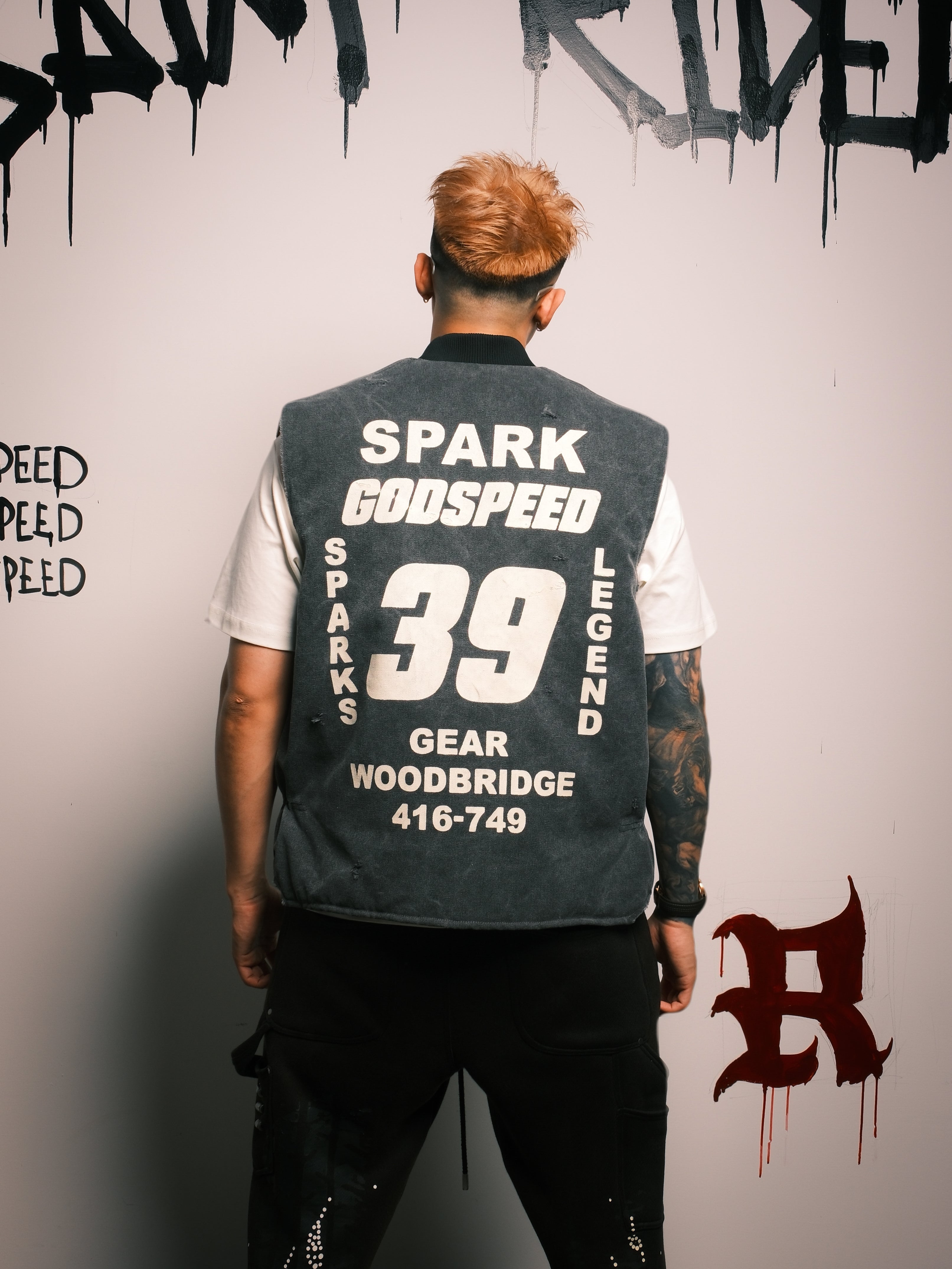 RACING BULLET RETRO PRINT FADED 500G WORK VEST COTTON COAT