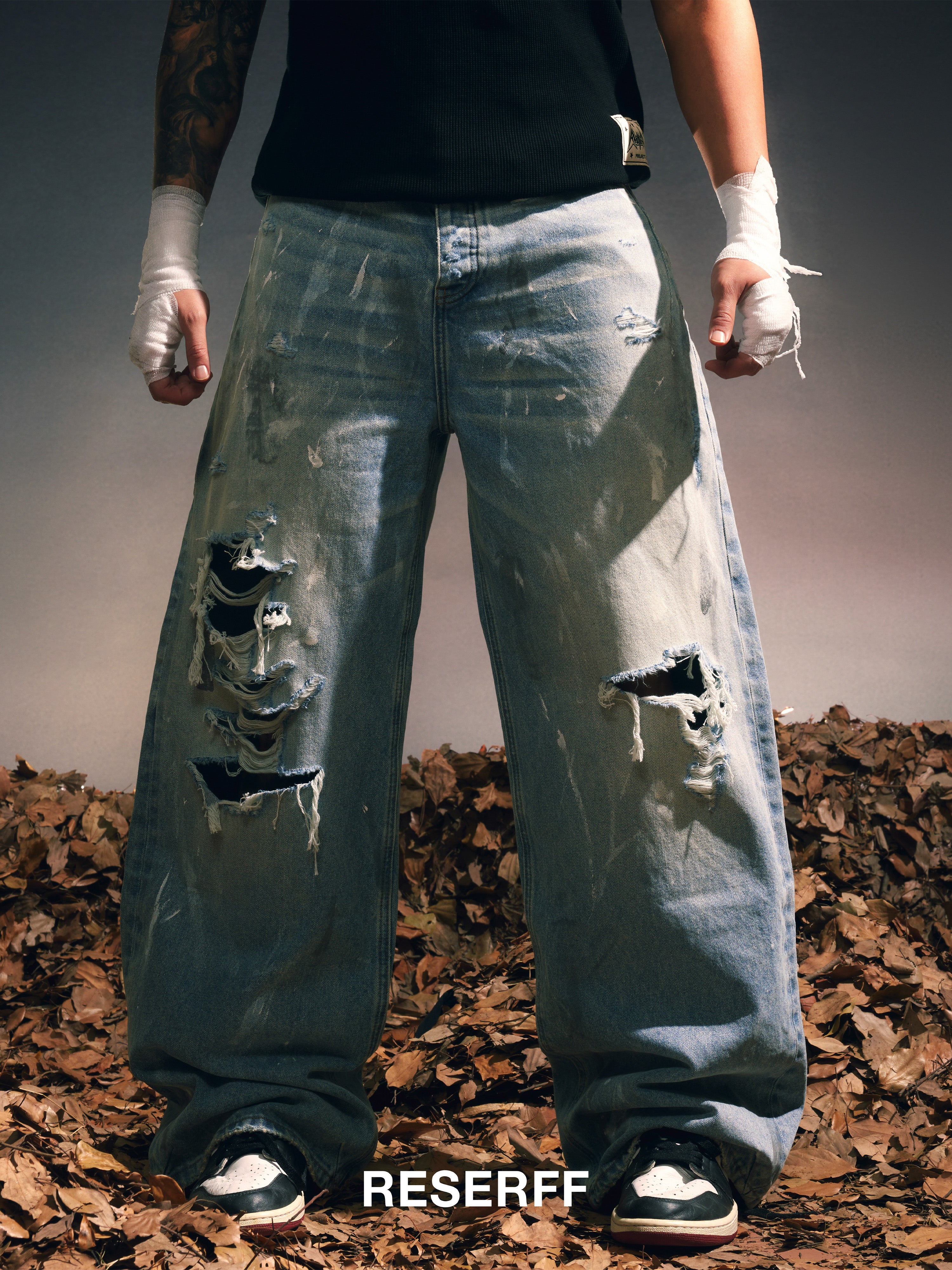 RE-MAKE OF OLD INK-SPLATTERED DIRTY-DYED DISTRESSED WIDE-LEG JEANS