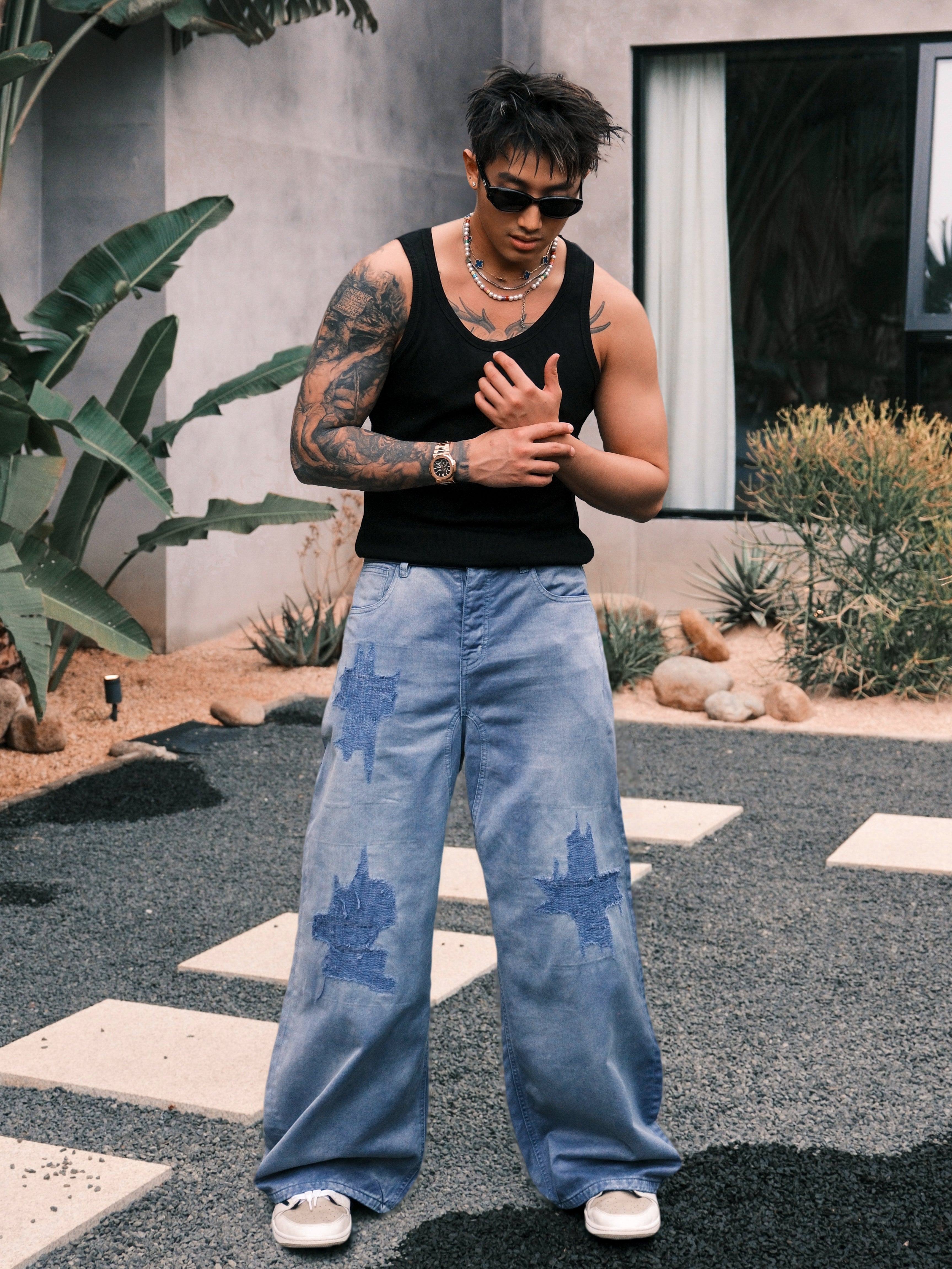 CROSS-METHOD HEAVY-DUTY OLD-FASHIONED DAMAGED WIDE LEGS FRENCH TROUSERS JEANS