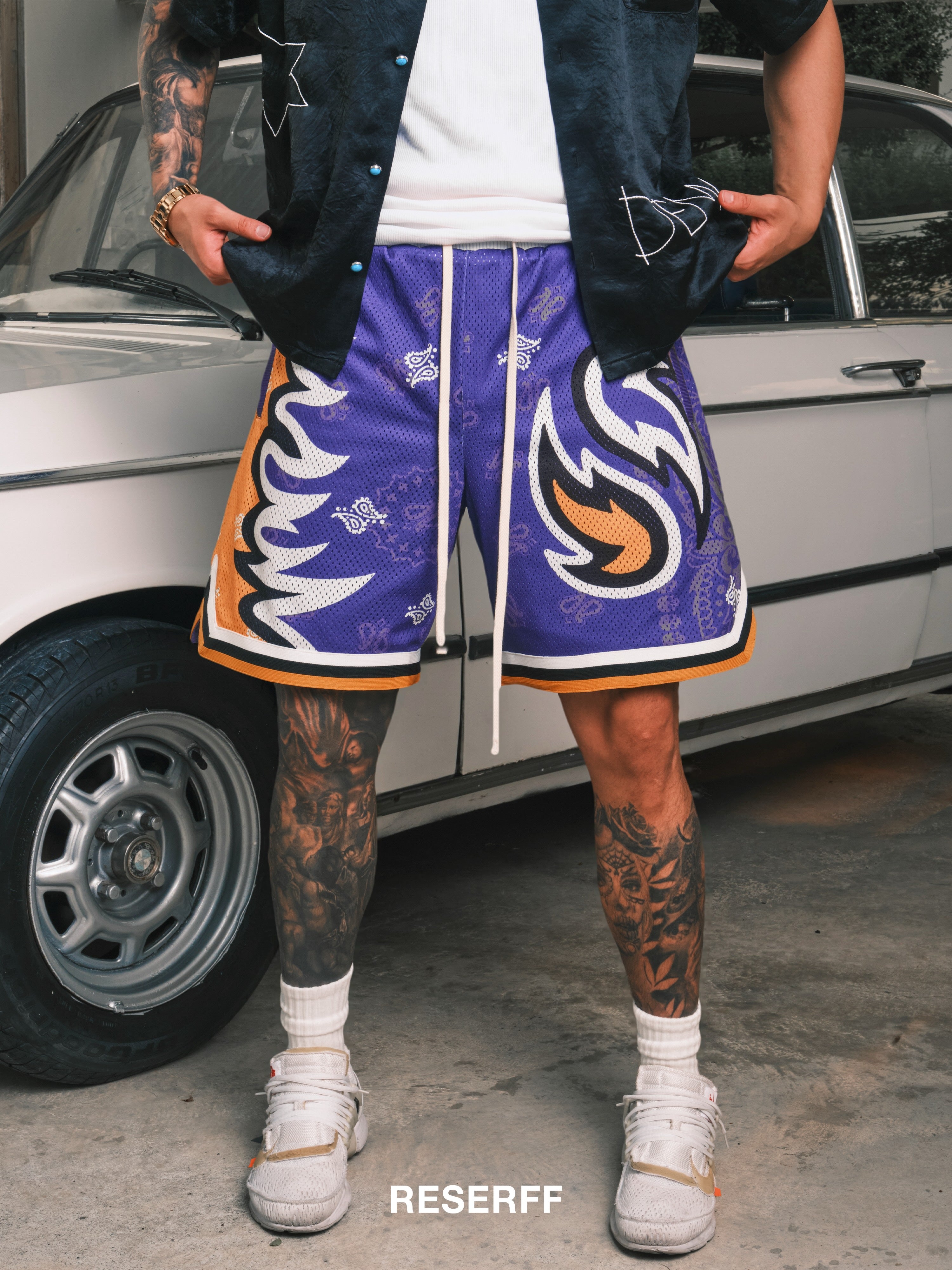 LOS ANGELES LAKERS VINTAGE FLAME PAISLEY SILHOUETTE DOUBLE-LAYER MESH SHORTS