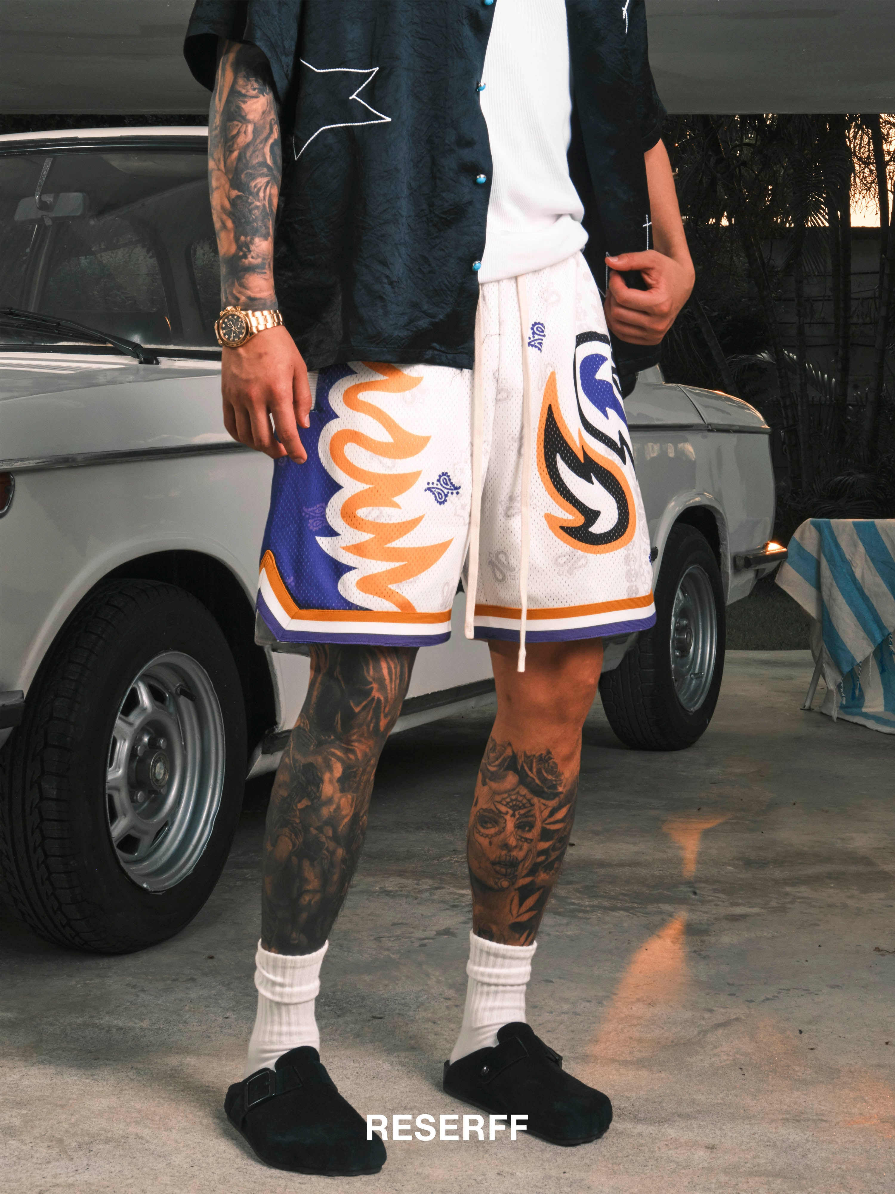 LOS ANGELES LAKERS VINTAGE FLAME PAISLEY SILHOUETTE DOUBLE-LAYER MESH SHORTS