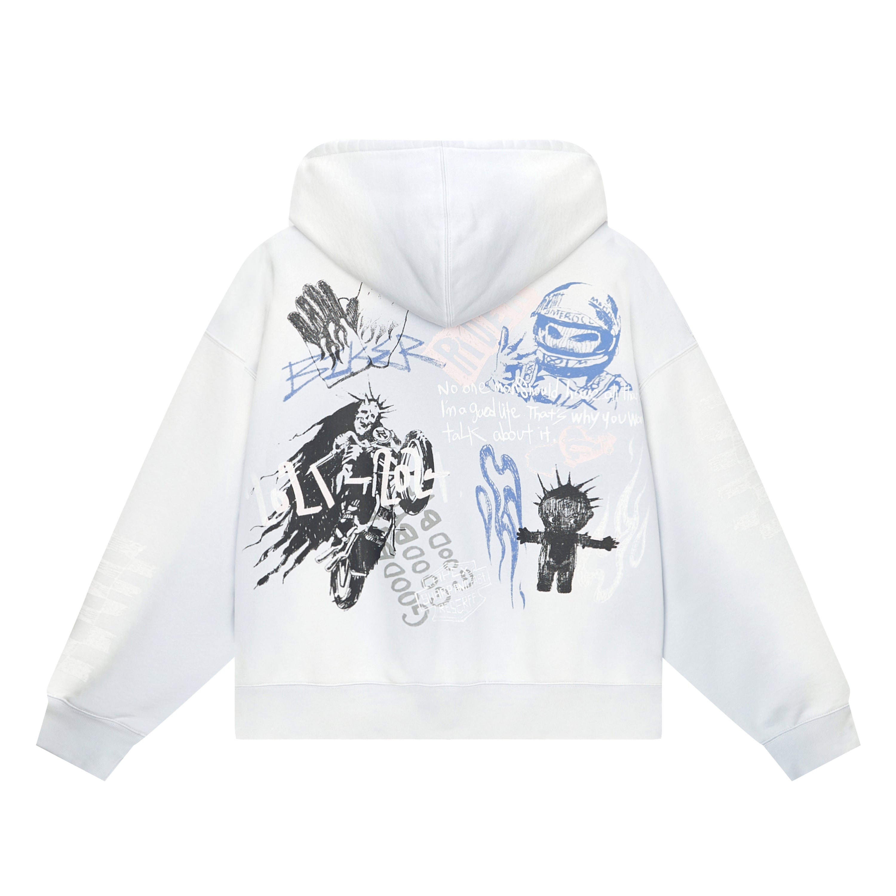 STREET WILLPOWER RETRO DISTRESSED SPRAY WHITE PRINTED WIDE AND SHORT HOODIE
