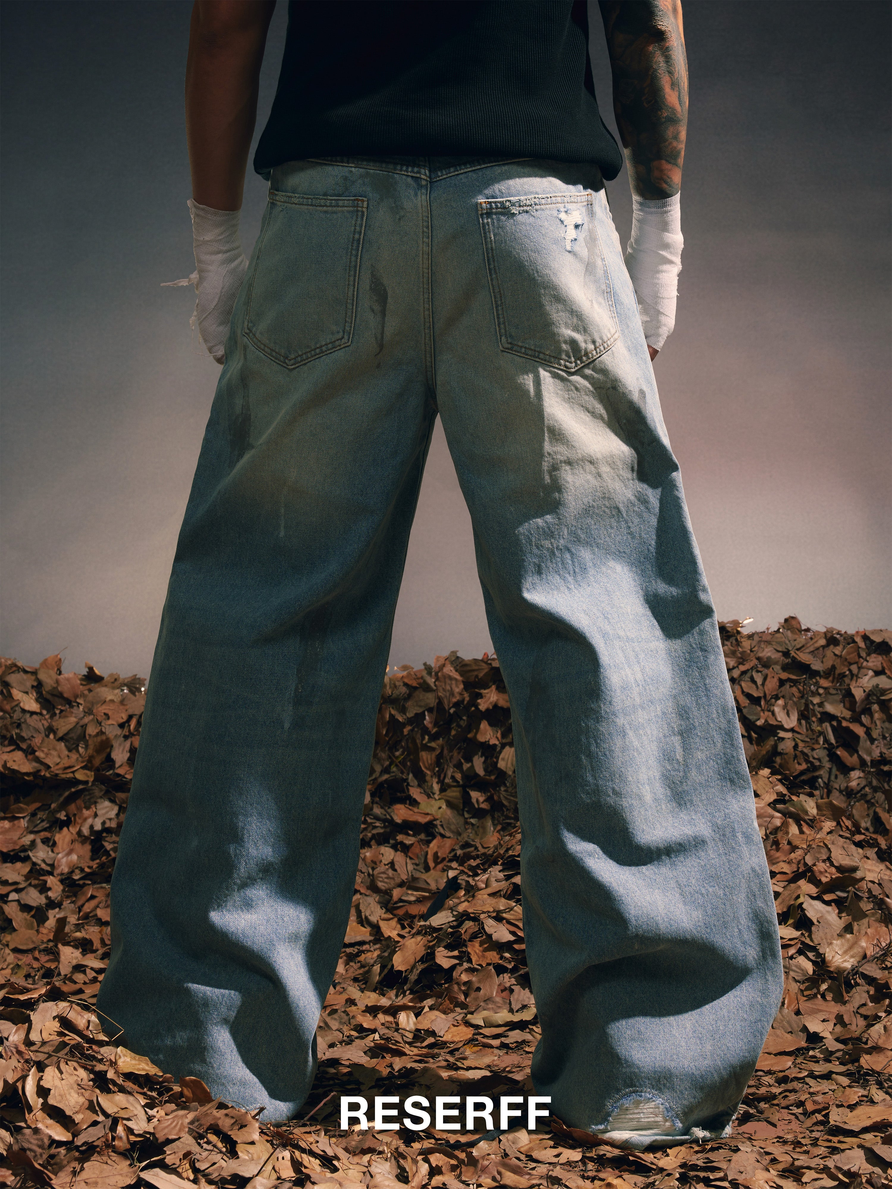 RE-MAKE OF OLD INK-SPLATTERED DIRTY-DYED DISTRESSED WIDE-LEG JEANS