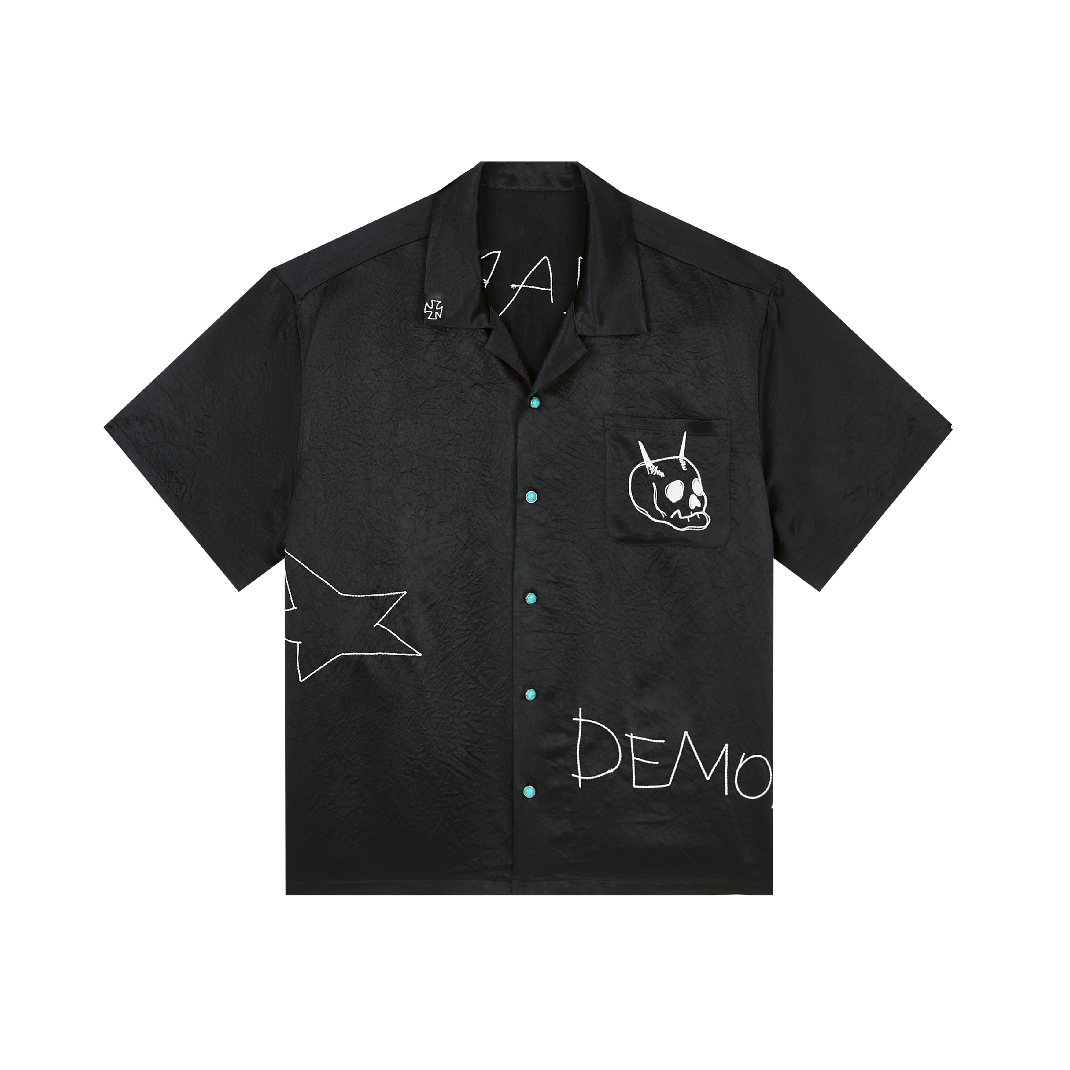MALEVOLENT STAR WITCH ACETATE EMBROIDERED PATTERN TEXTURE BUTTONS WIDE SHORT SILHOUETTE SHIRT