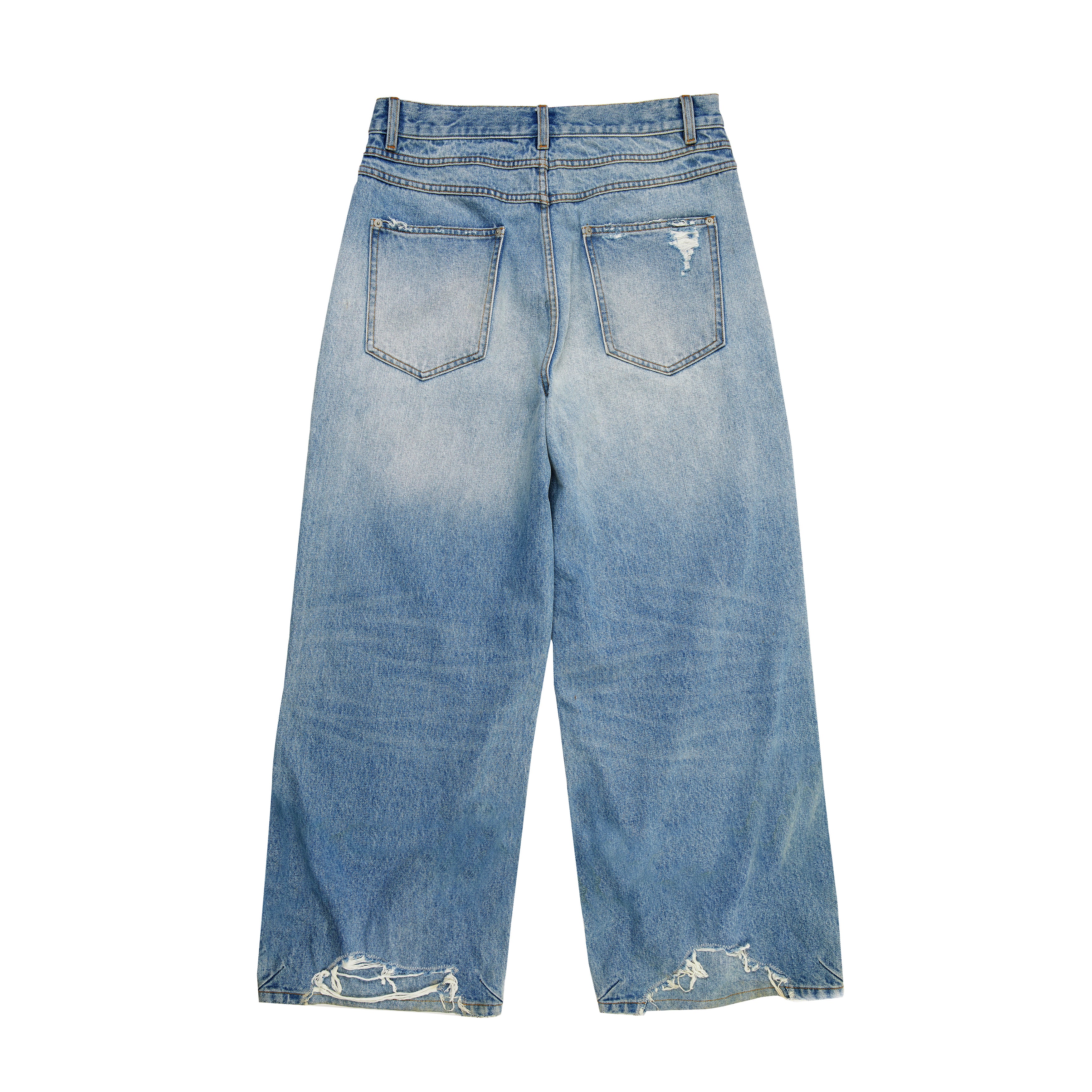 ENDLESS KNIFE CUTTING, HAND-DESTROYED OLD FADED SCIMITAR WIDE LEGS JEANS
