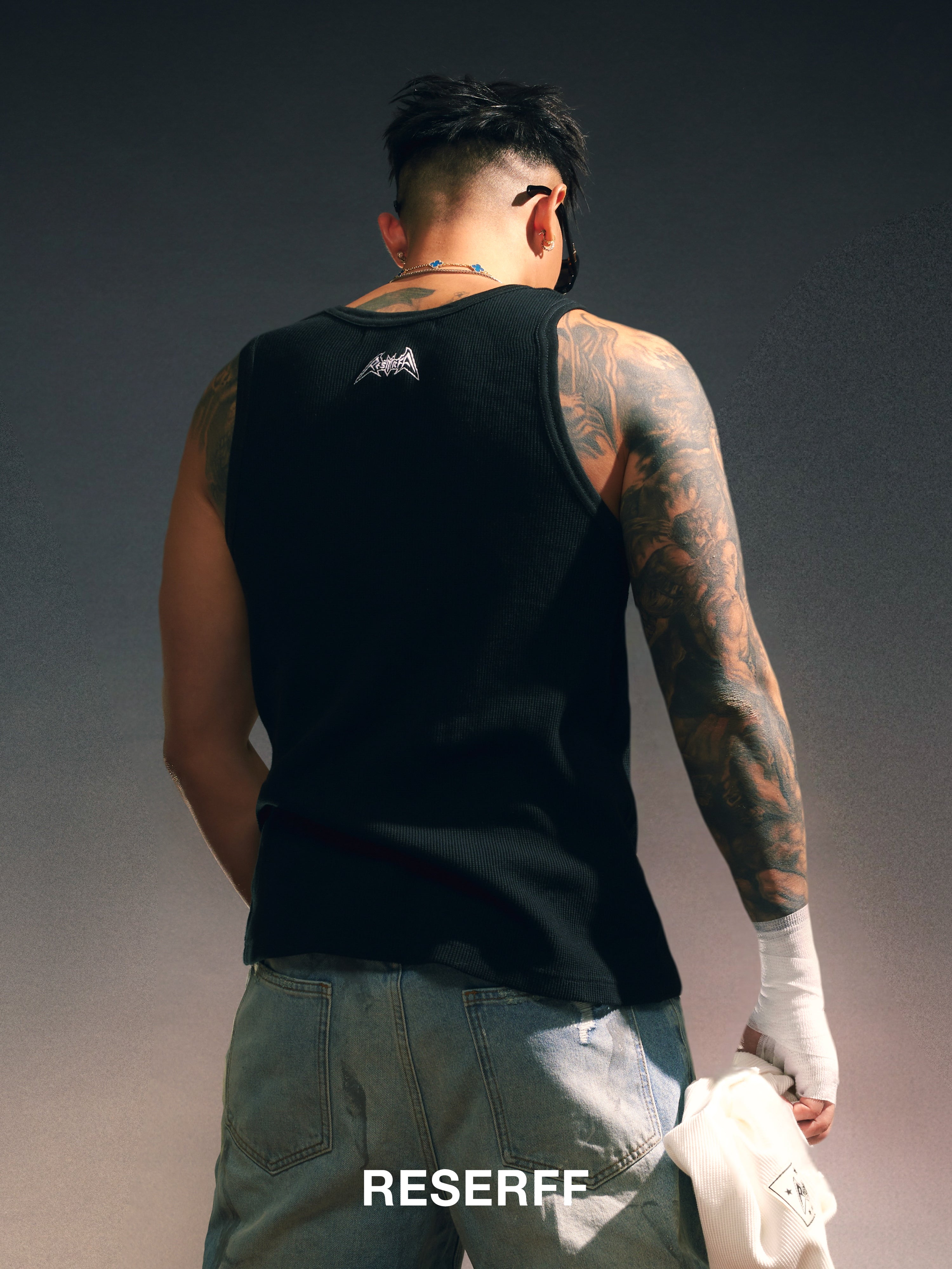 WAFFLE EMBROIDERED LOGO SLIGHTLY STRETCH KNIT RIBBED COTTON SLEEVELESS TANK TOP