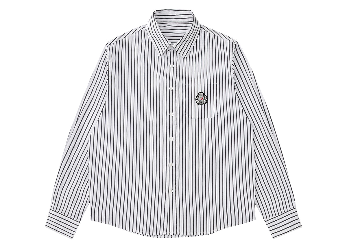 RESERFF Club Badge Stripes Women Club Badge Graphic Striped Button-Down Shirt, Vintage Resort Style Casual Blouse