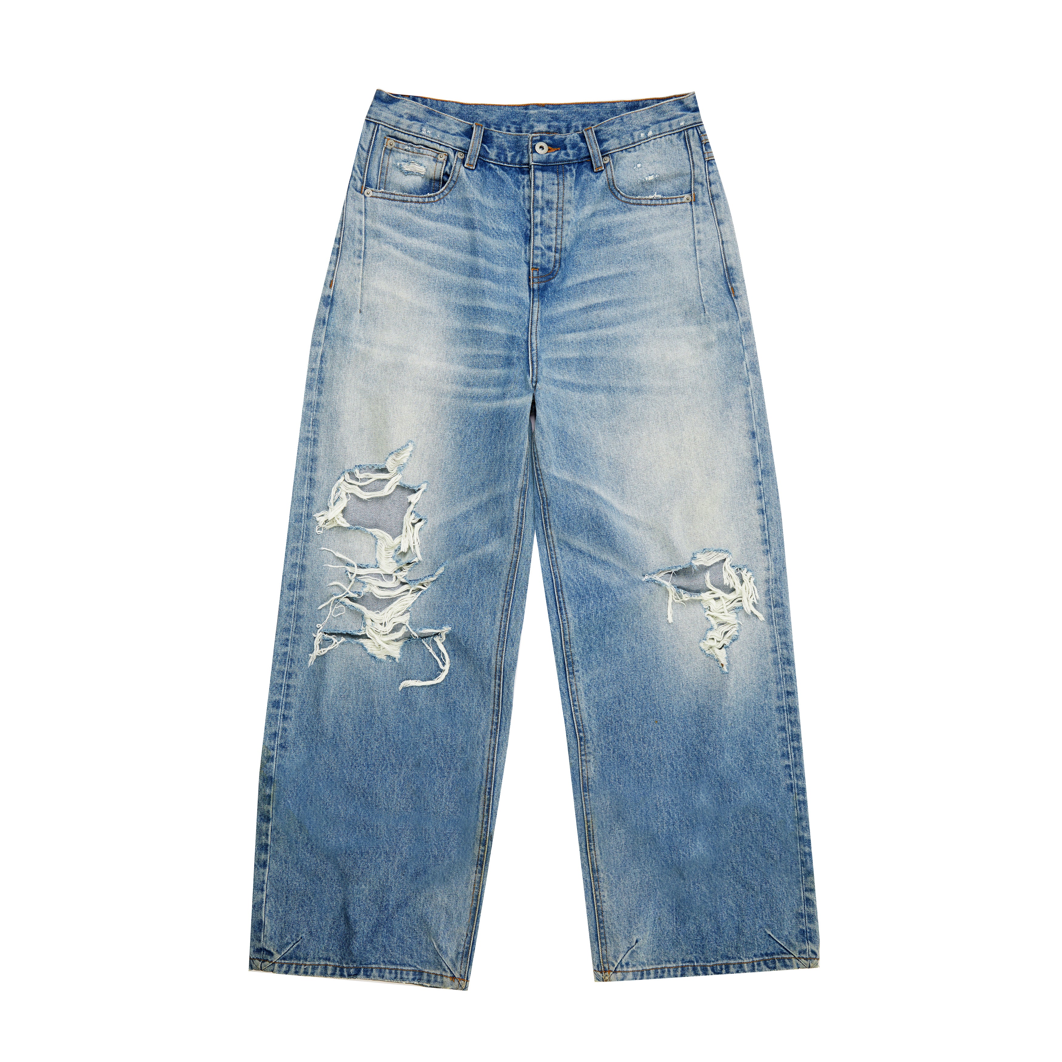 ENDLESS KNIFE CUTTING, HAND-DESTROYED OLD FADED SCIMITAR WIDE LEGS JEANS