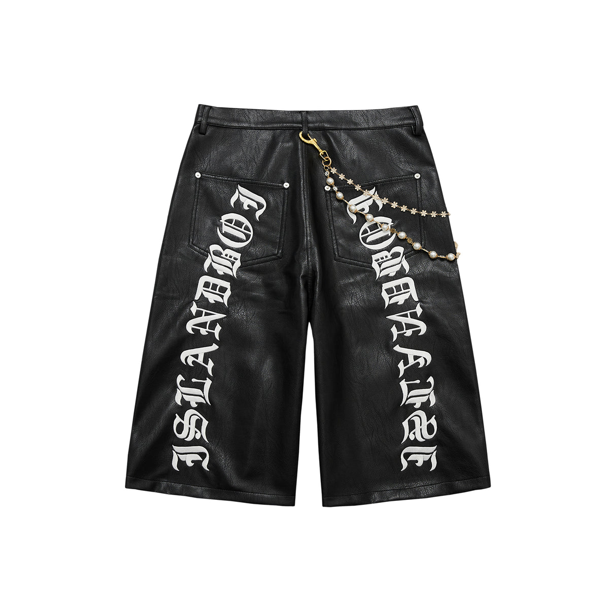 RESERFF Cropped Faux Leather Pants, Vintage Old English Embroidery With Chain Detail, High Waist 7/8 Length Leather Trousers For Women