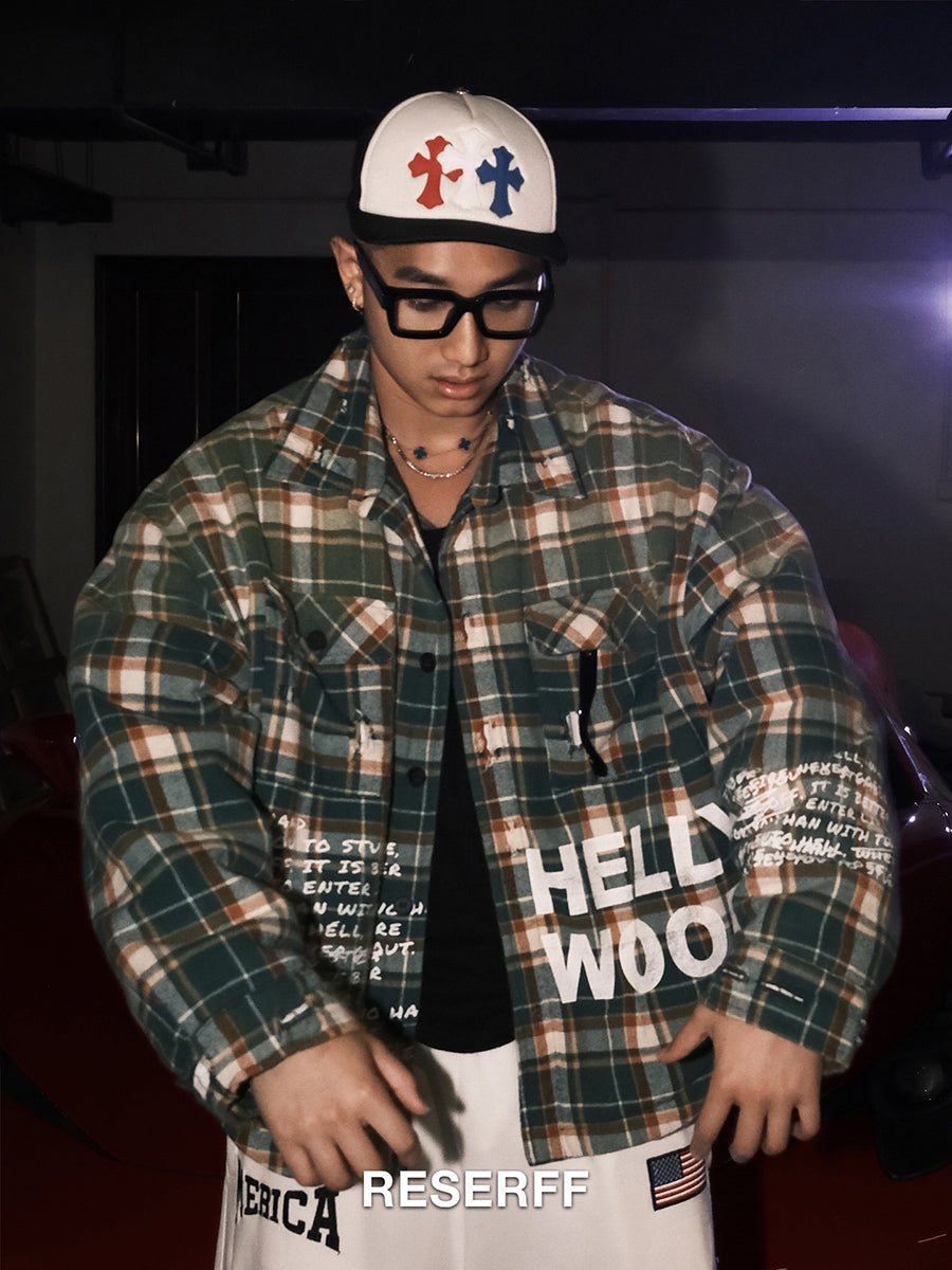 RESERFF HELLYWOOD PLAID STRIPE PRINT DISTRESSED OVERSIZED JACKET COTTON COAT