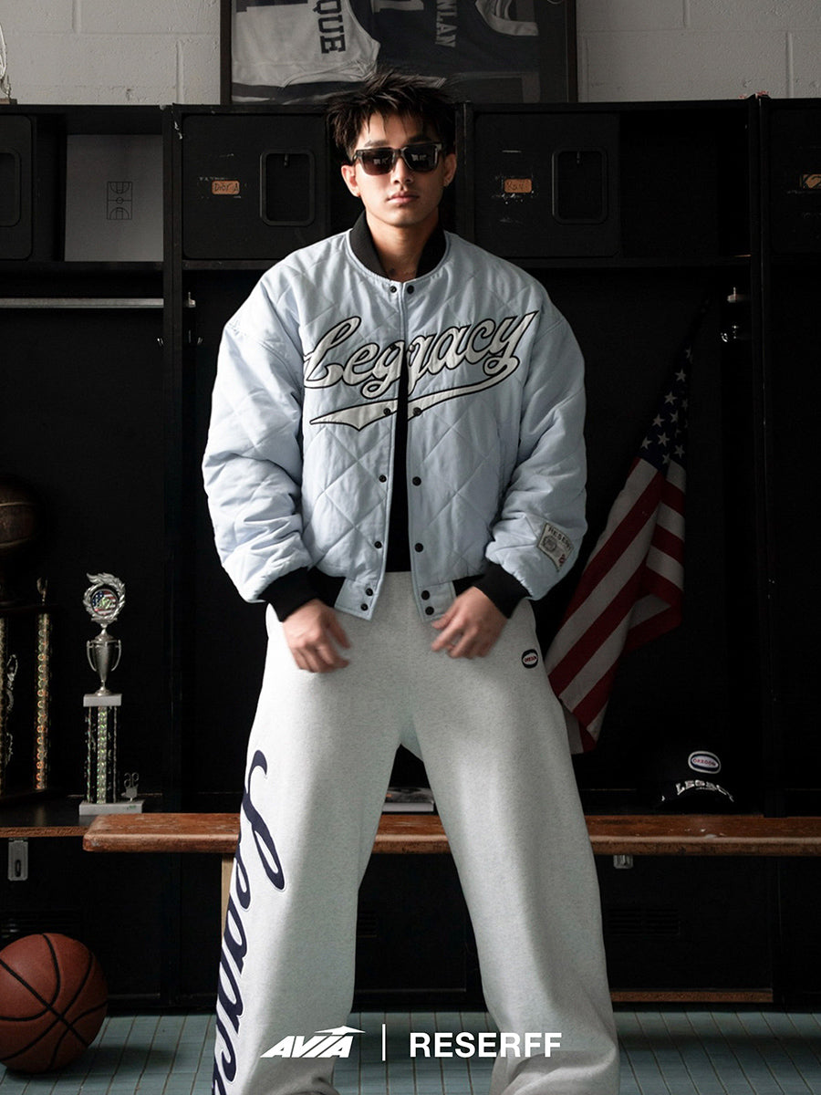 RESERFF X AVIA COLLABORATES WITH OREGON LEGEND ICE BLUE RETRO EMBROIDERED PATCH BASEBALL FLIGHT JACKET COTTON JACKET