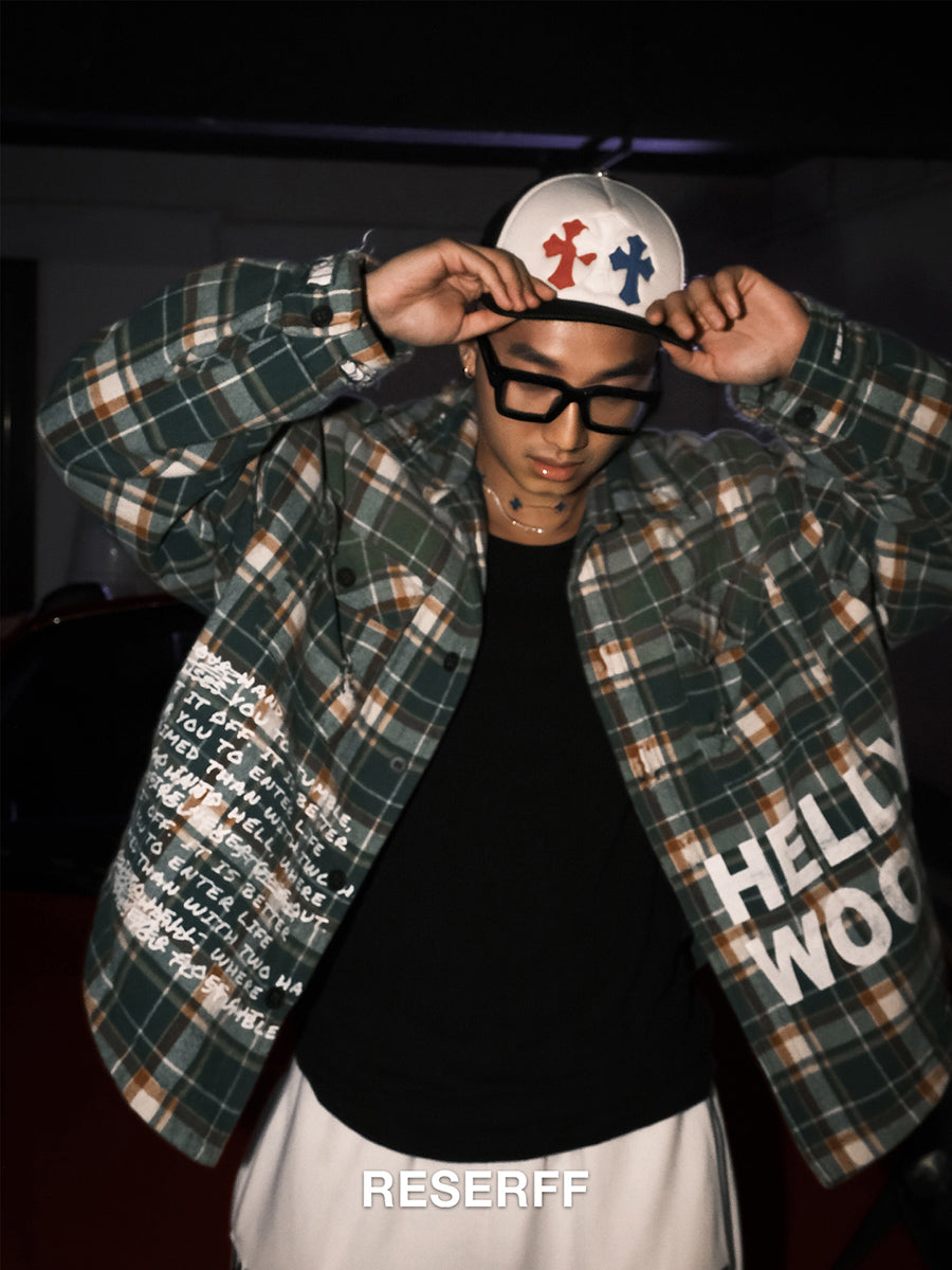 RESERFF HELLYWOOD PLAID STRIPE PRINT DISTRESSED OVERSIZED JACKET COTTON COAT