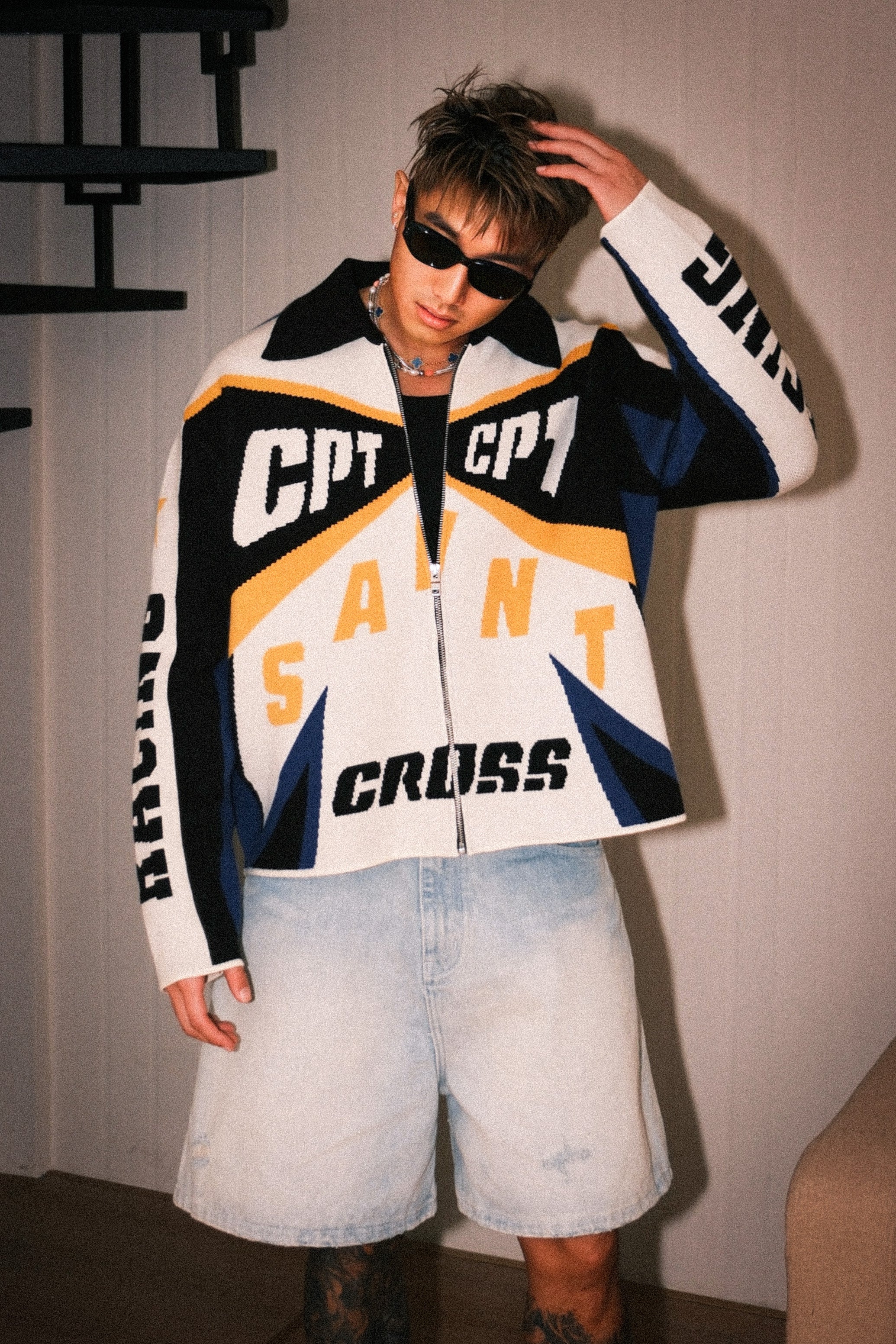 CROSS STITCH WOOLEN RACING SWEATER JACKET BLUE WHITE