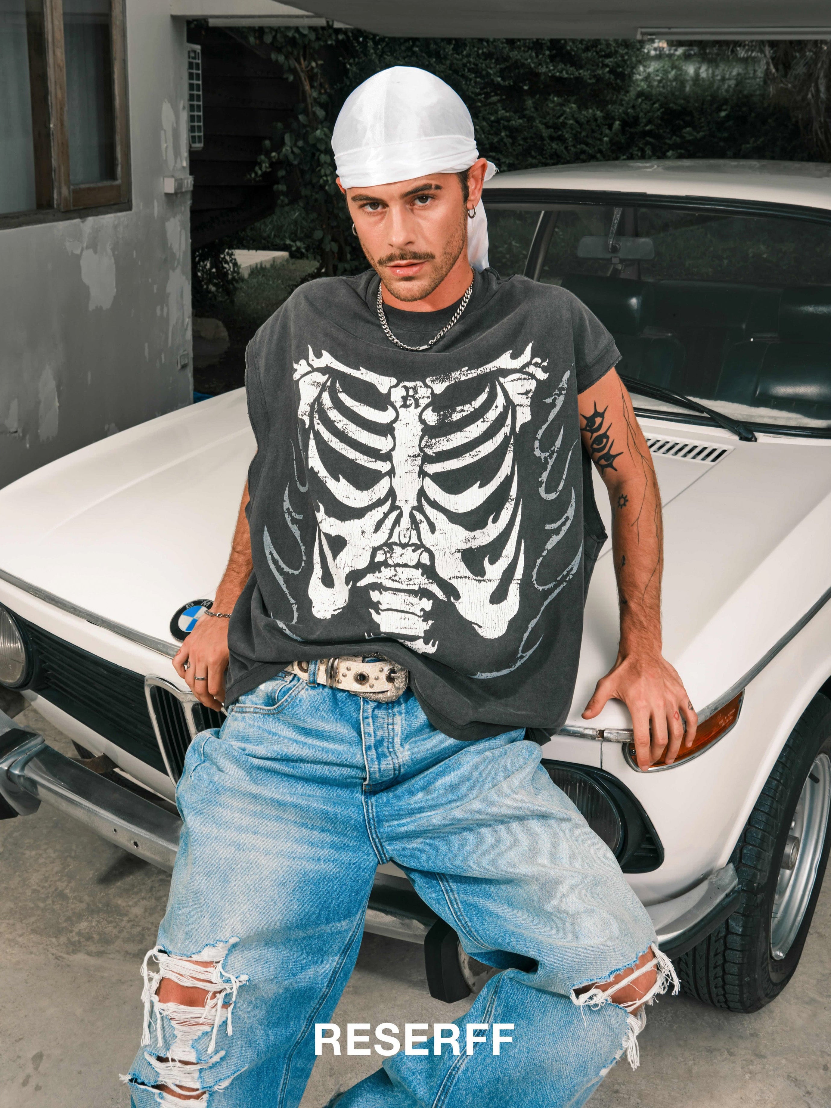 DANCER CLUB FLAME SKULL VINTAGE DISTRESSED VEST