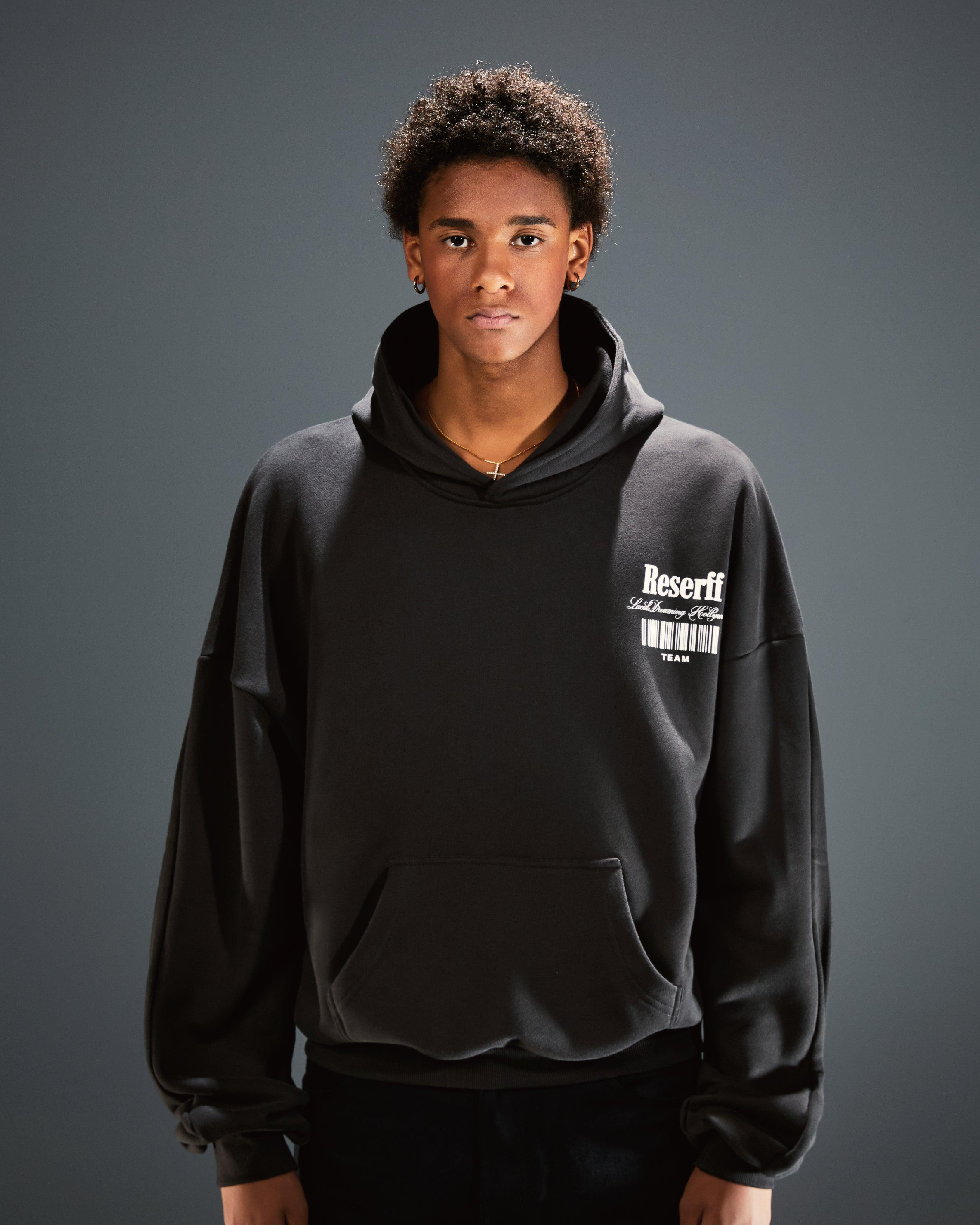 BARCODE PRINTING RELAXED HEAVYWEIGHT 450G HOODIE CARBON BLACK - RESERFF   Barcode Printing Relaxed Heavyweight 450g Hoodie Carbon Black 