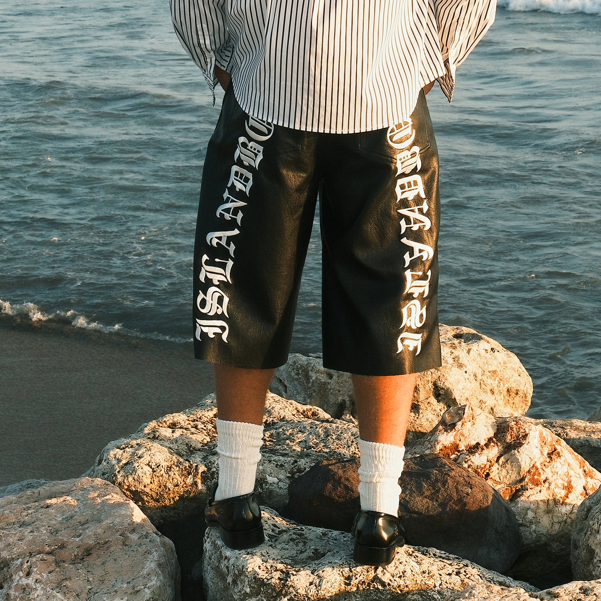RESERFF Cropped Faux Leather Pants, Vintage Old English Embroidery With Chain Detail, High Waist 7/8 Length Leather Trousers For Women
