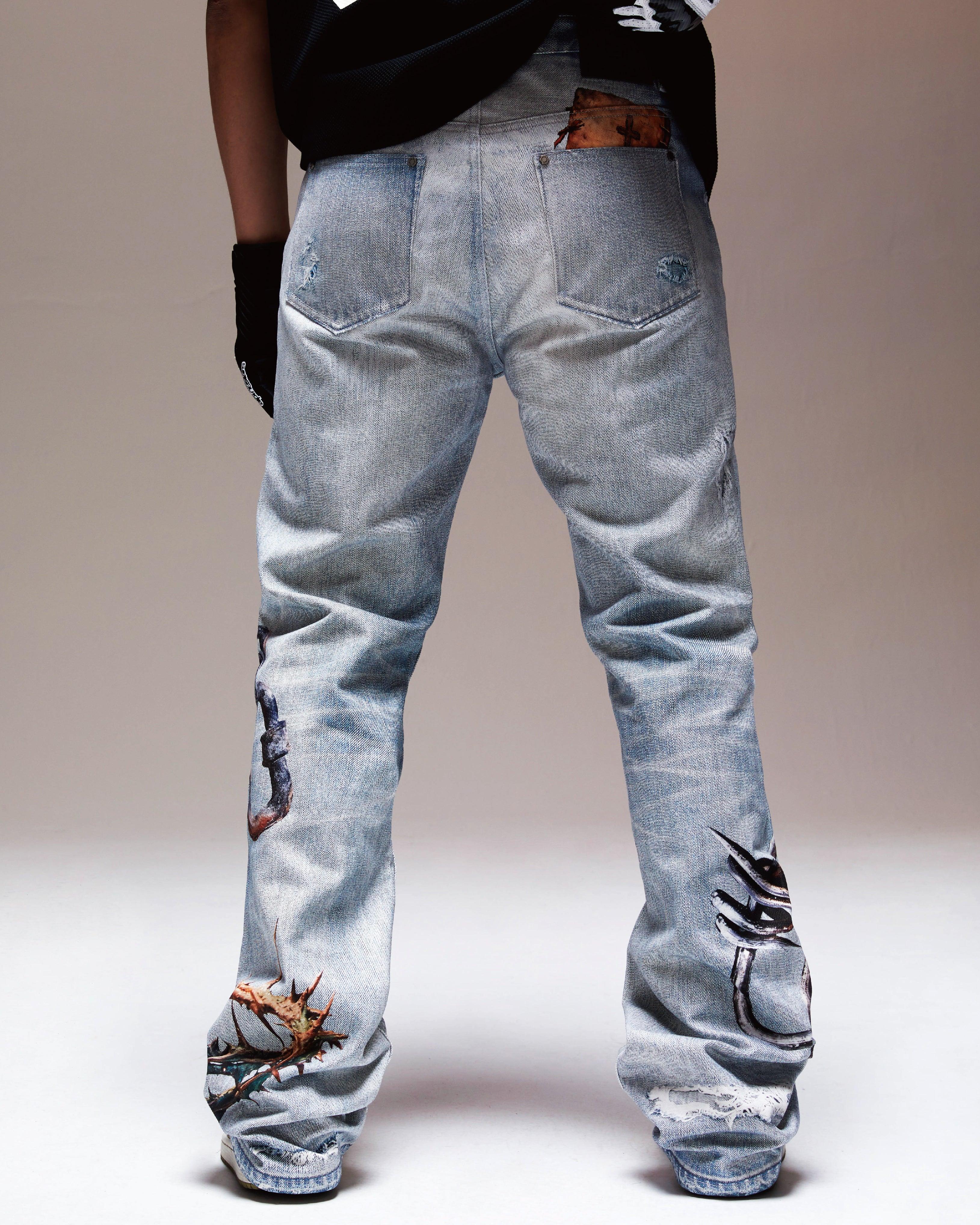 BOMB 3D DIGITAL PRINTING WASHED VINTAGE JEANS - RESERFF   Bomb 3d Denim Jeans｜Sky is light blue 