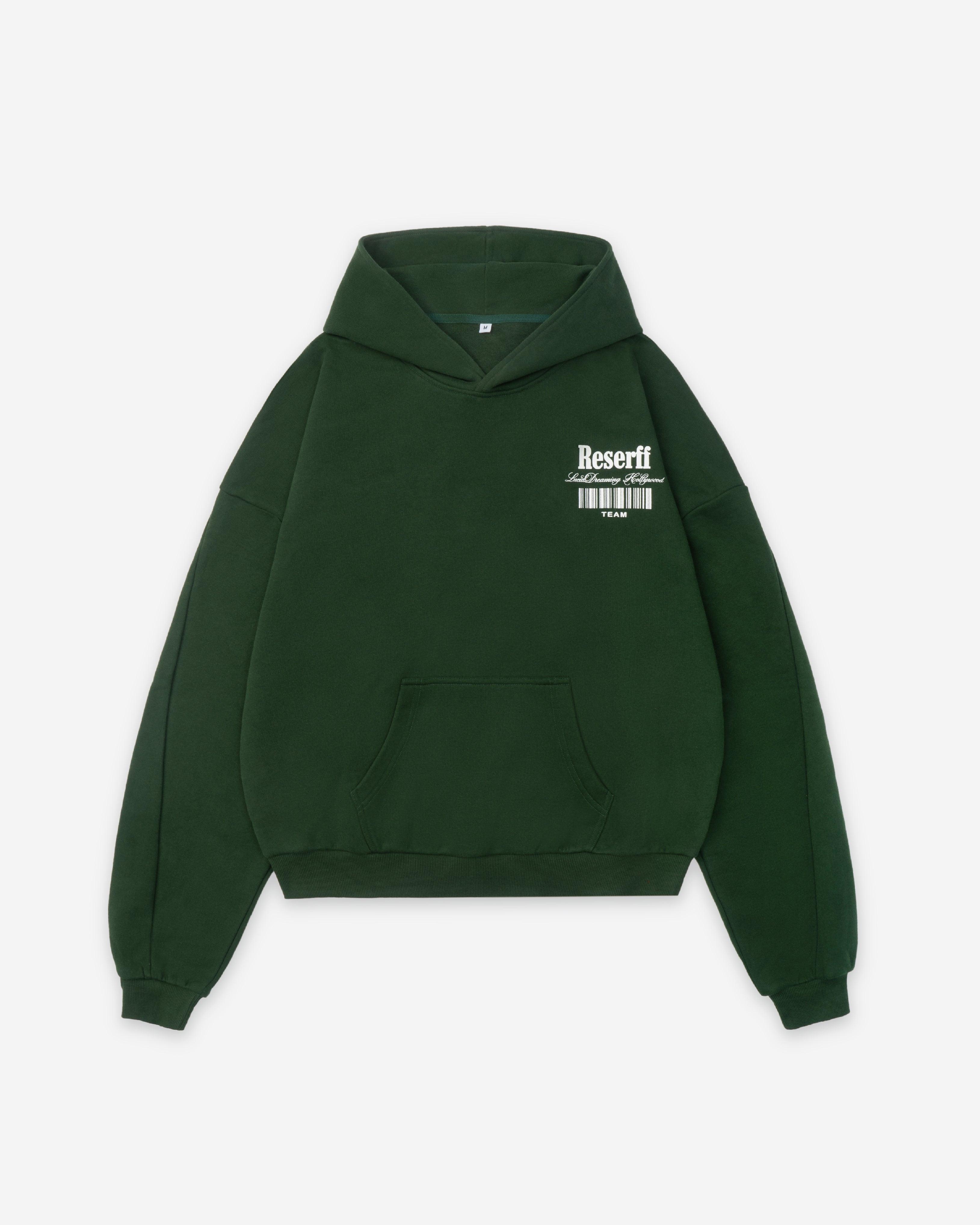 BARCODE PRINTING RELAXED HEAVYWEIGHT 450G HOODIE GREEN - RESERFF   Barcode Printing Relaxed Heavyweight 450g Hoodie Trailing forest green 