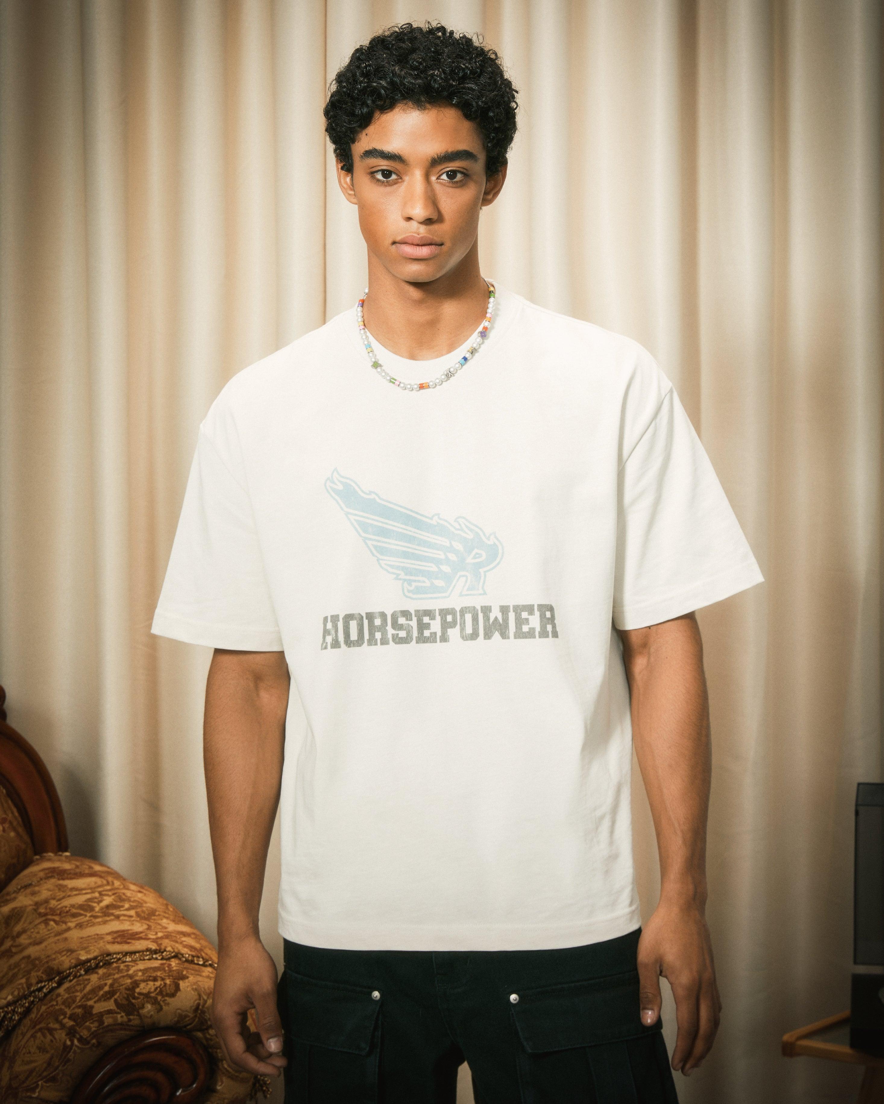 HORSEPOWER FLAME WINGS TEE - RESERFF   Horsepower Flame Wings Retro PrintedTee Dmoke Blue  