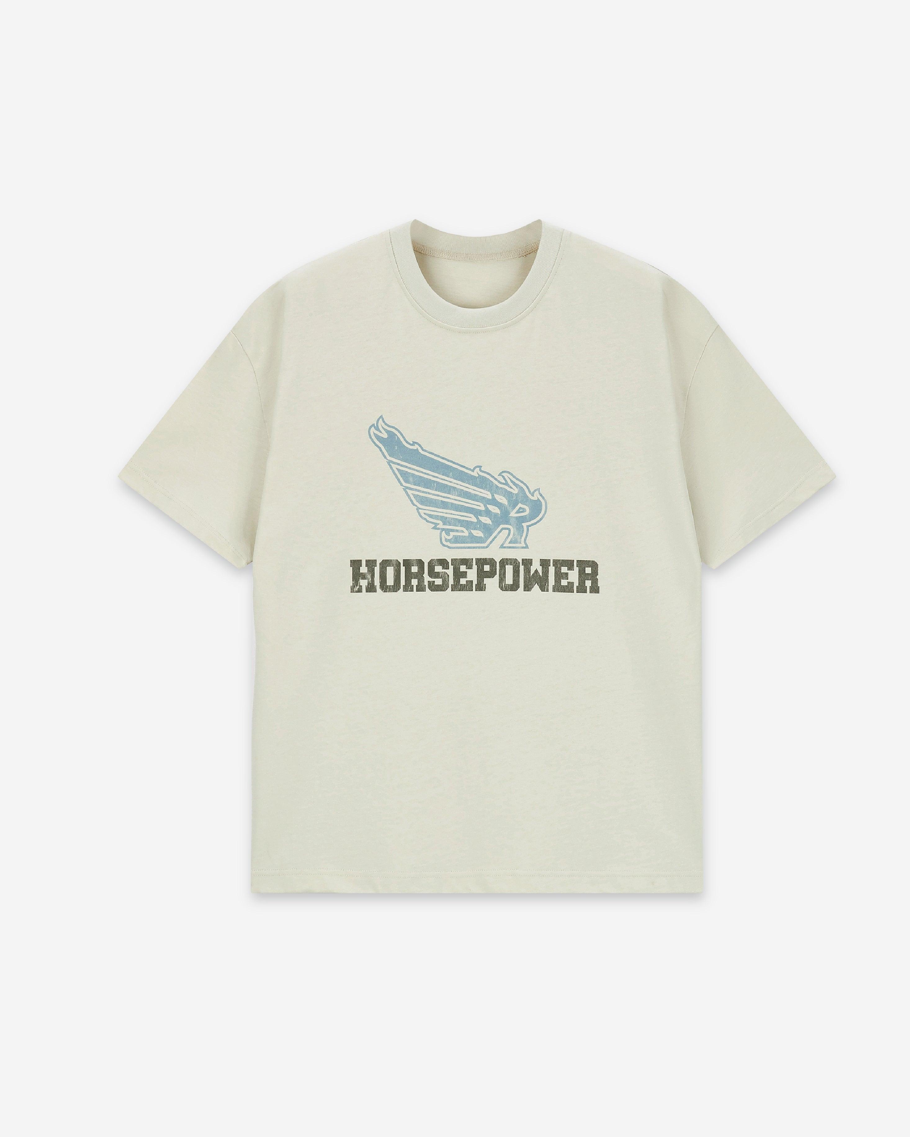 HORSEPOWER FLAME WINGS TEE - RESERFF   Horsepower Flame Wings Retro Printed Tee White Blue Red 