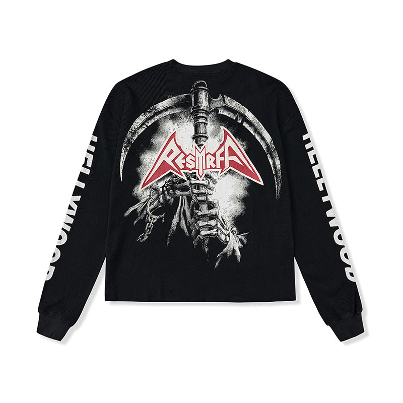 HOLLYWOOD WAFFLE GRID RETRO PRINT DISTRESSED HEAVYWEIGHT OVERSIZED LONG SLEEVE SWEATSHIRT