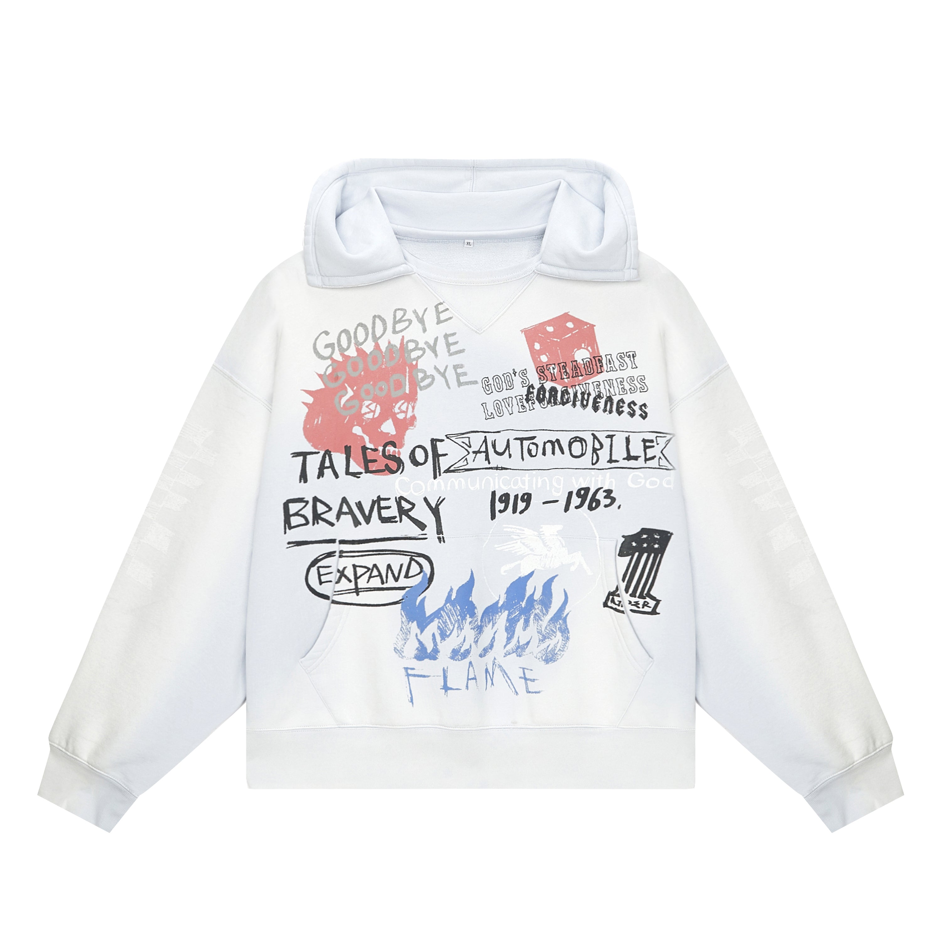 STREET WILLPOWER RETRO DISTRESSED SPRAY WHITE PRINTED WIDE AND SHORT HOODIE