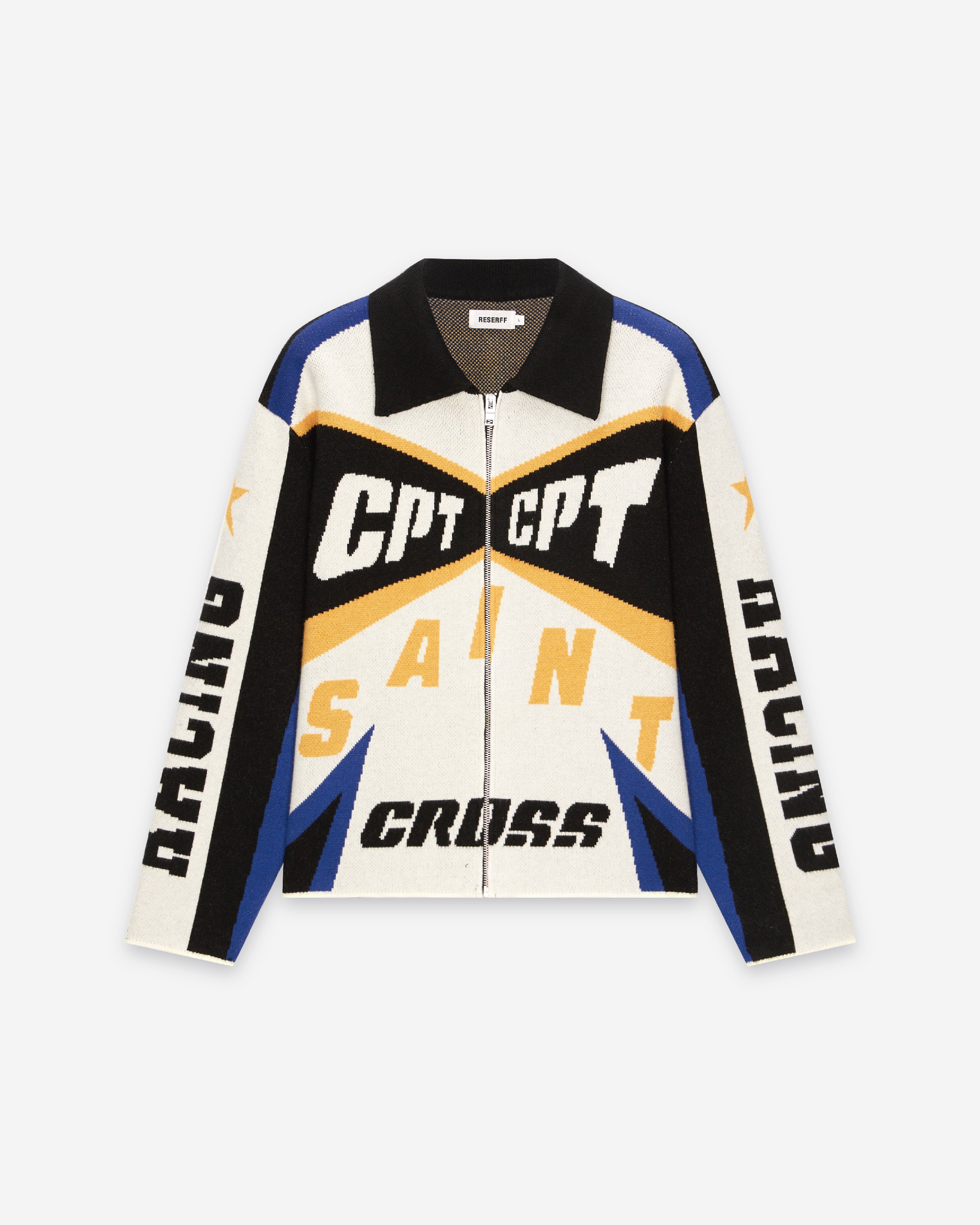 CROSS STITCH WOOLEN RACING SWEATER JACKET BLUE WHITE