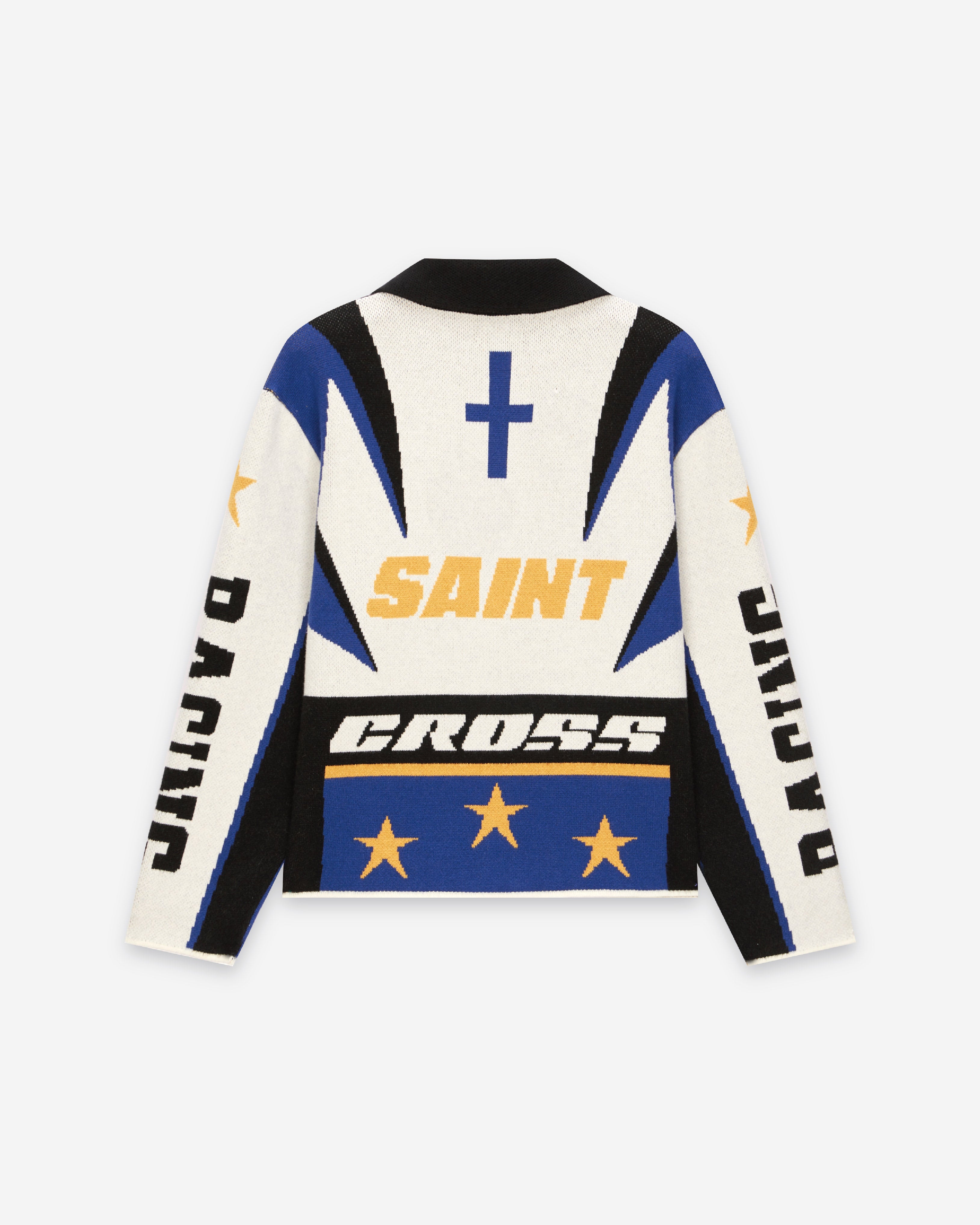 CROSS STITCH WOOLEN RACING SWEATER JACKET BLUE WHITE