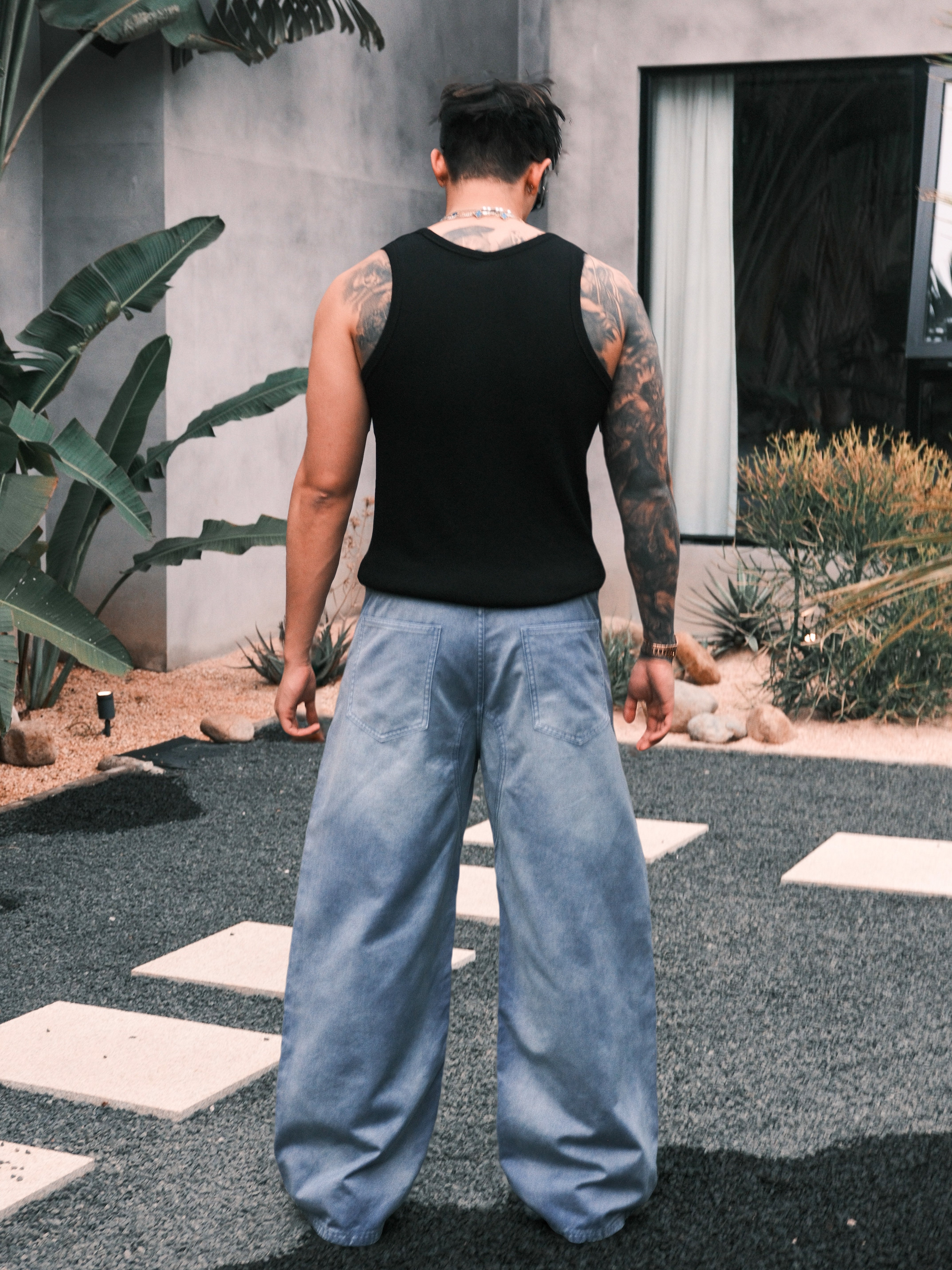 CROSS-METHOD HEAVY-DUTY OLD-FASHIONED DAMAGED WIDE LEGS FRENCH TROUSERS JEANS