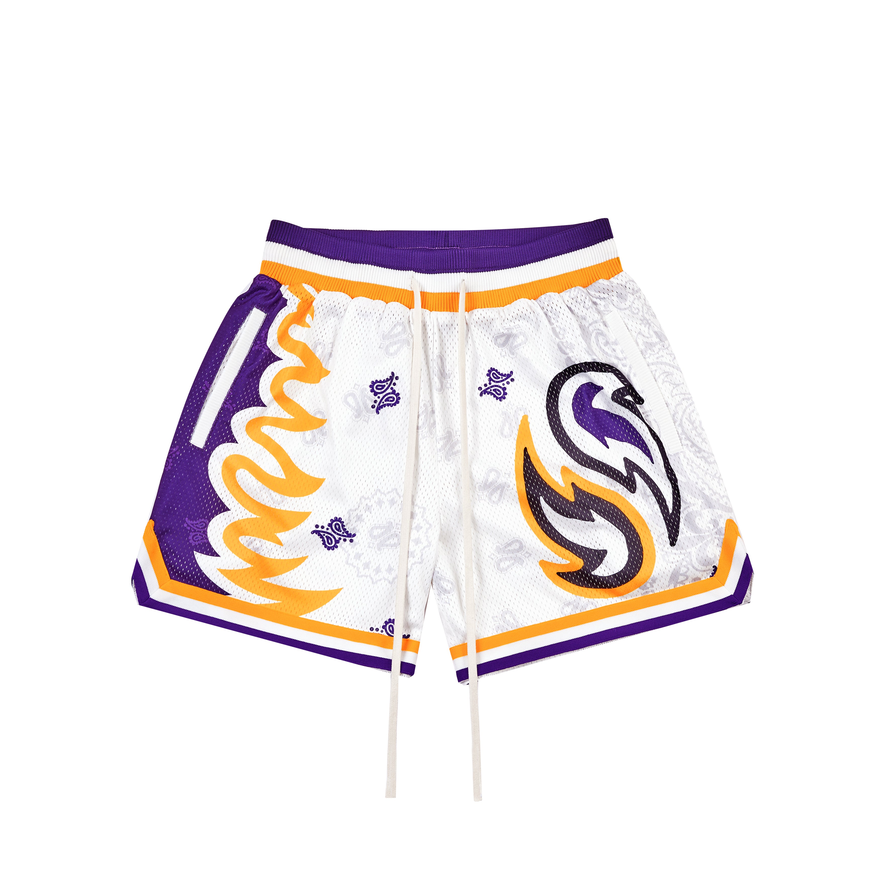LOS ANGELES LAKERS VINTAGE FLAME PAISLEY SILHOUETTE DOUBLE-LAYER MESH SHORTS