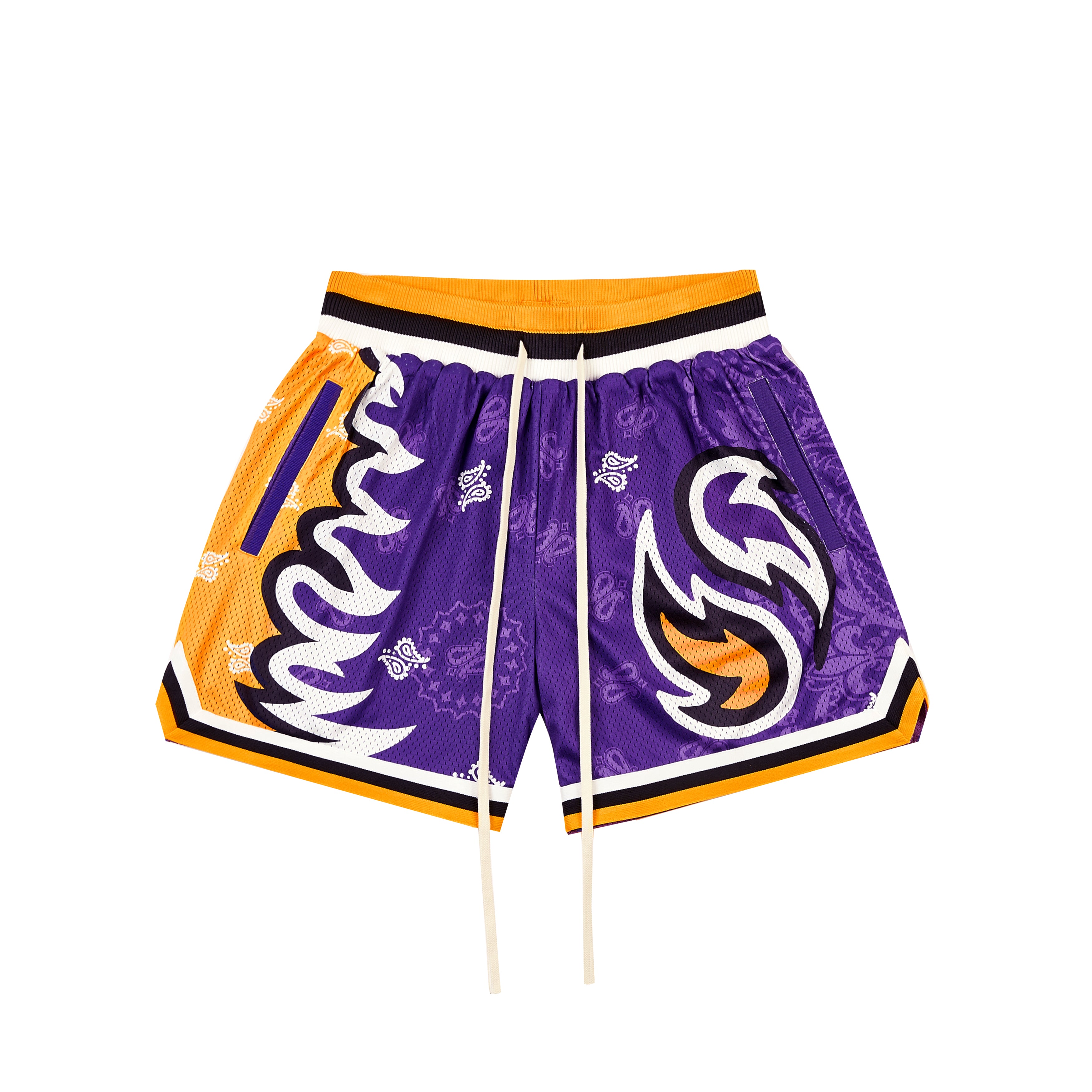 LOS ANGELES LAKERS VINTAGE FLAME PAISLEY SILHOUETTE DOUBLE-LAYER MESH SHORTS