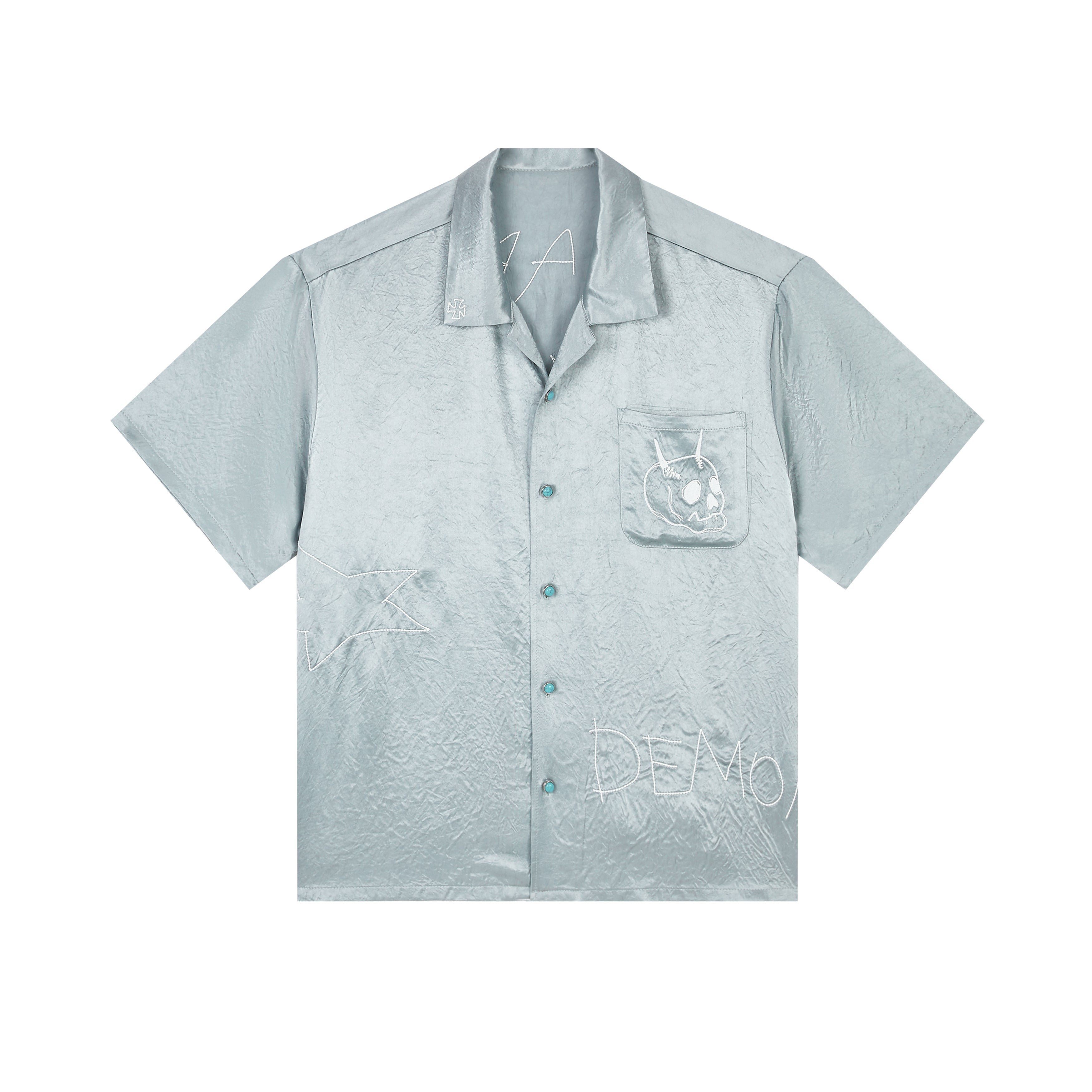 MALEVOLENT STAR WITCH ACETATE EMBROIDERED PATTERN TEXTURE BUTTONS WIDE SHORT SILHOUETTE SHIRT