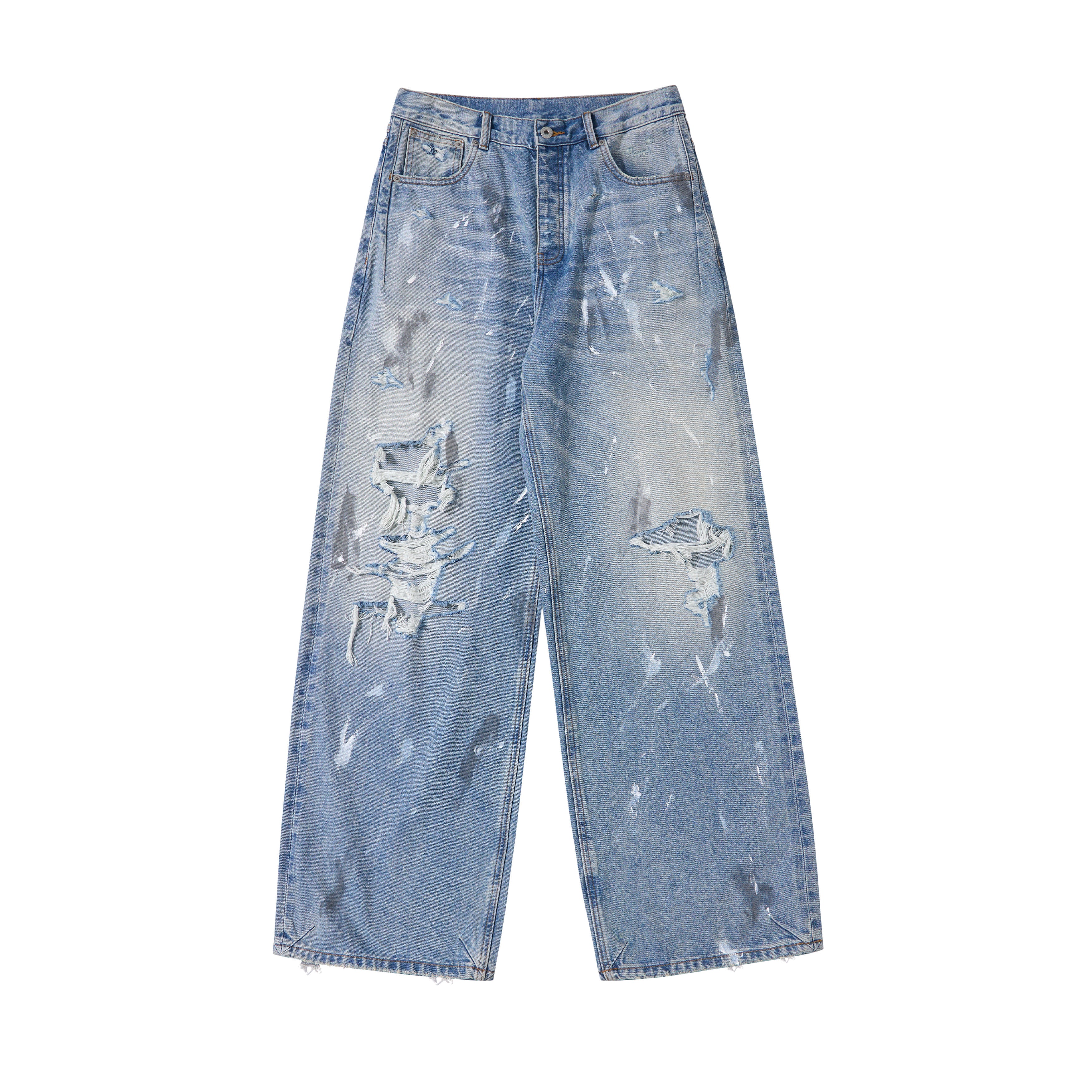 RE-MAKE OF OLD INK-SPLATTERED DIRTY-DYED DISTRESSED WIDE-LEG JEANS