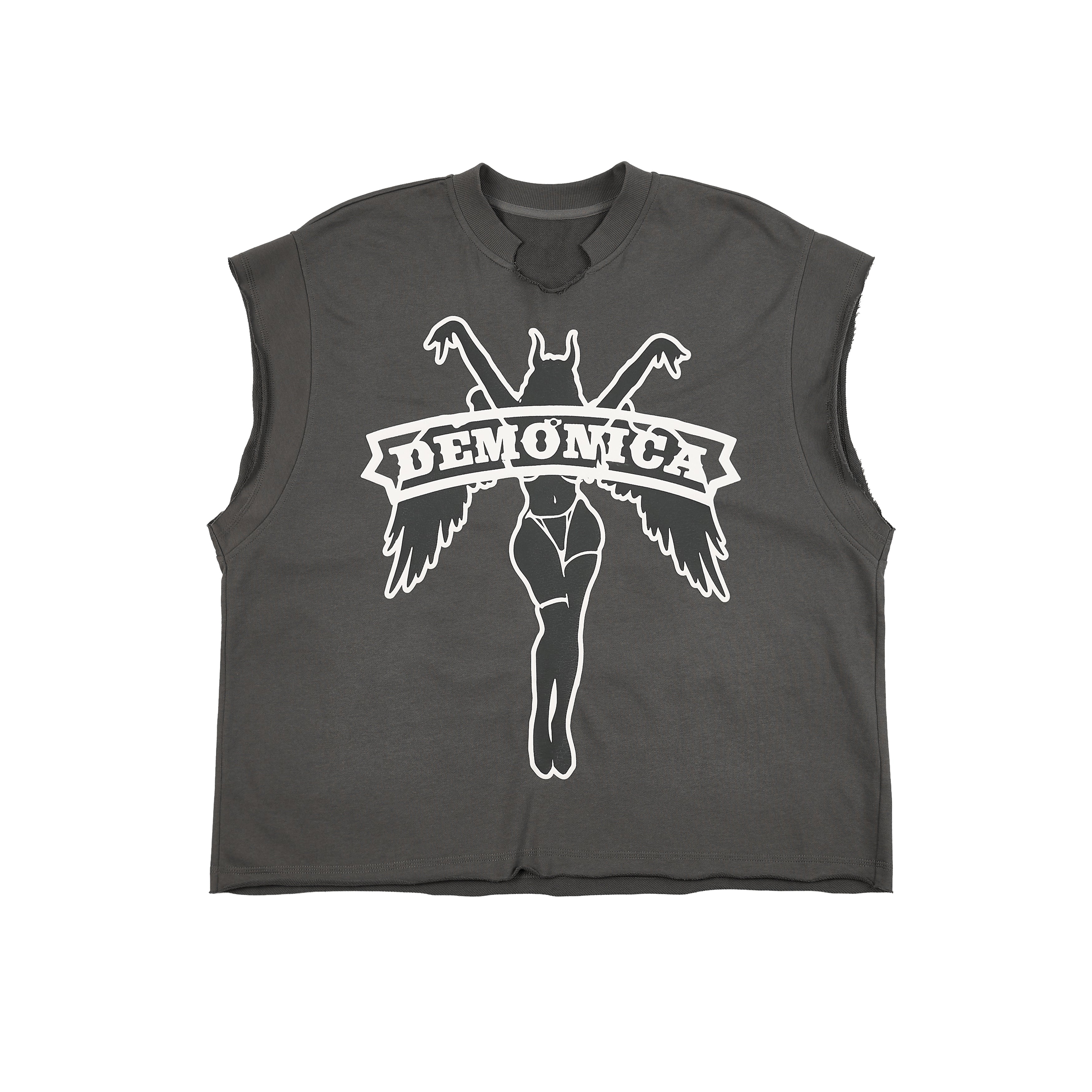 LIMITED EDITION GIRL RETRO ILLUSTRATION PRINT PROFILE-DESTROYED NECKBAND STRUCTURE SLEEVELESS VEST GREY