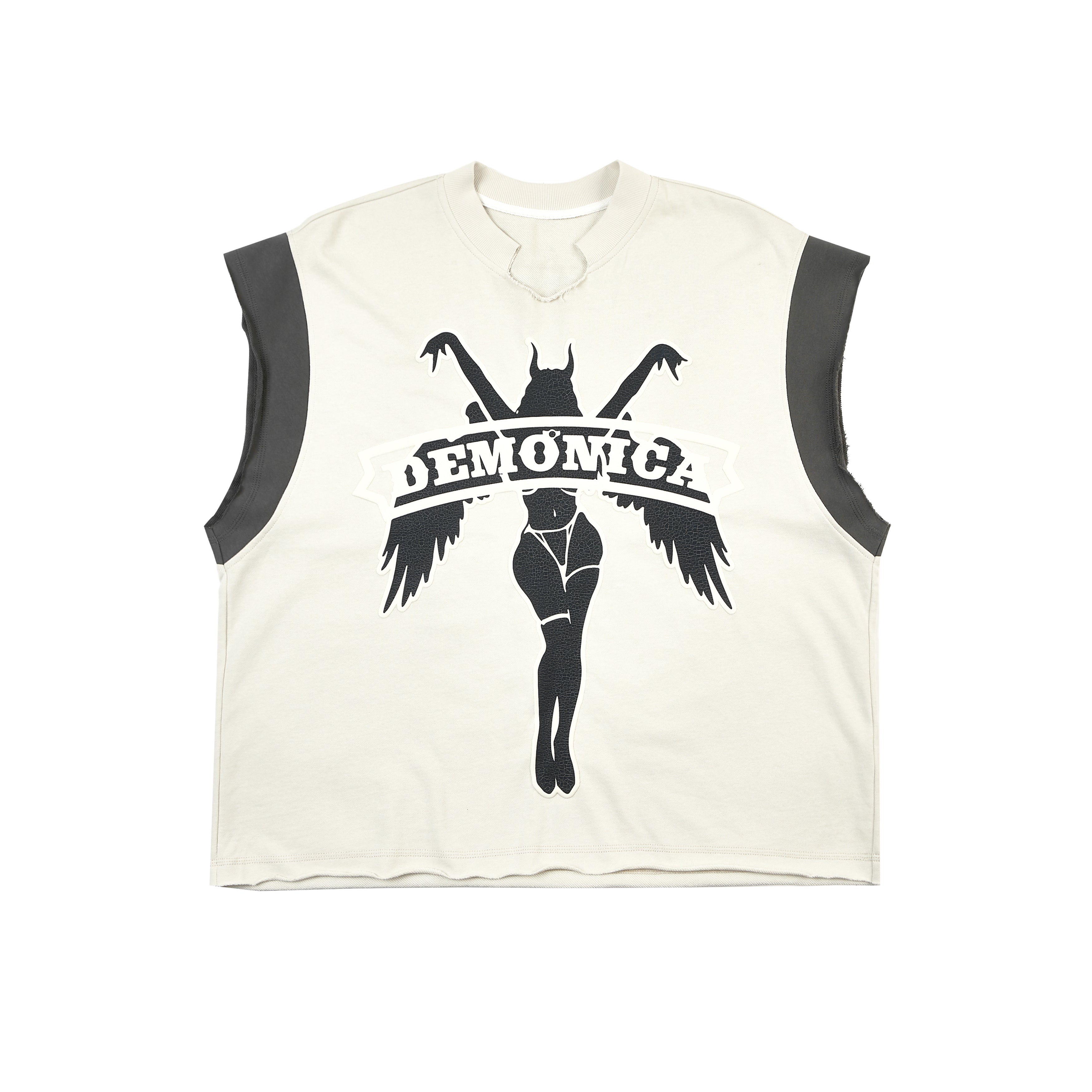 LIMITED EDITION GIRL RETRO ILLUSTRATION PRINT PROFILE-DESTROYED NECKBAND STRUCTURE SLEEVELESS VEST BEIGE