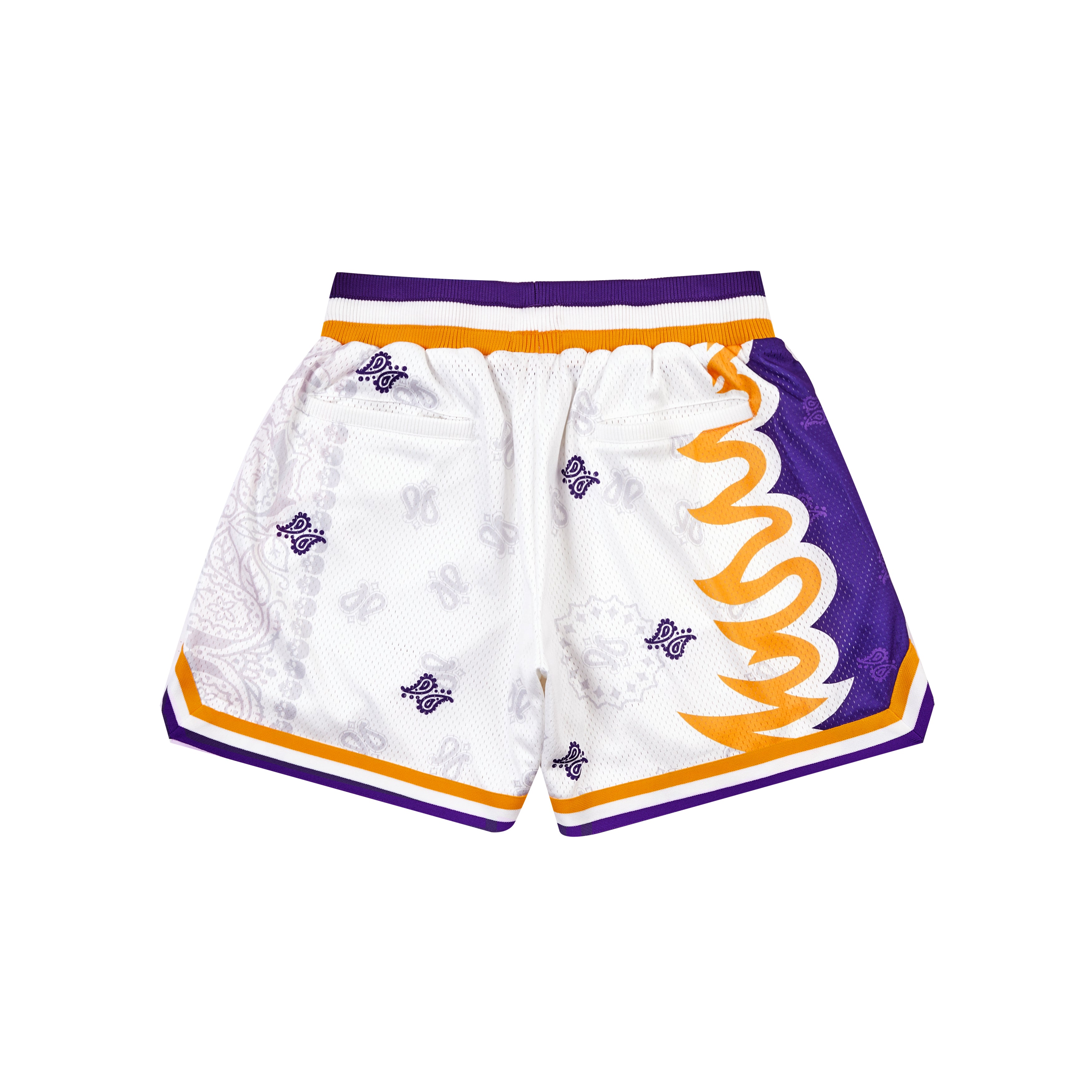 LOS ANGELES LAKERS VINTAGE FLAME PAISLEY SILHOUETTE DOUBLE-LAYER MESH SHORTS