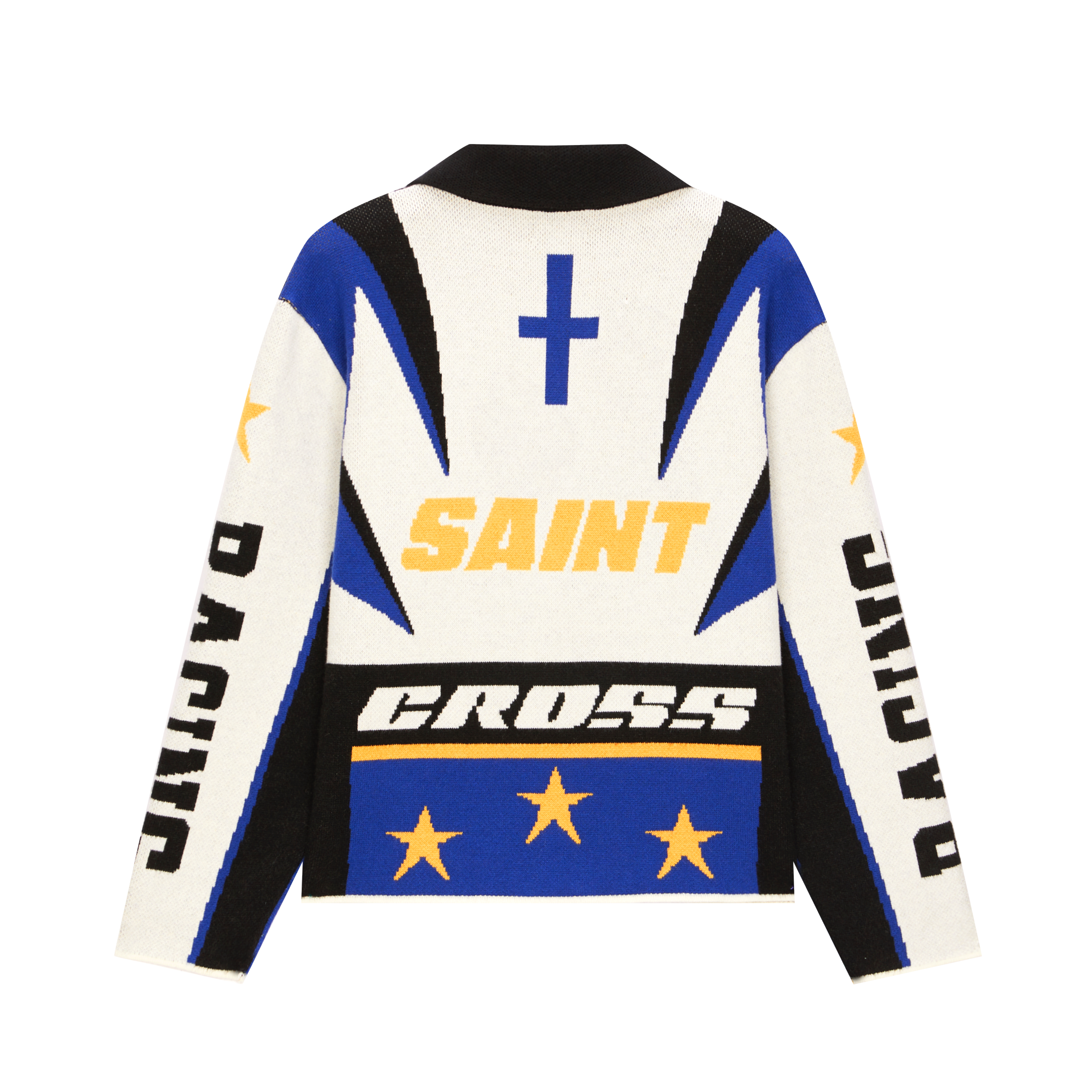 CROSS STITCH WOOLEN RACING SWEATER JACKET BLUE WHITE