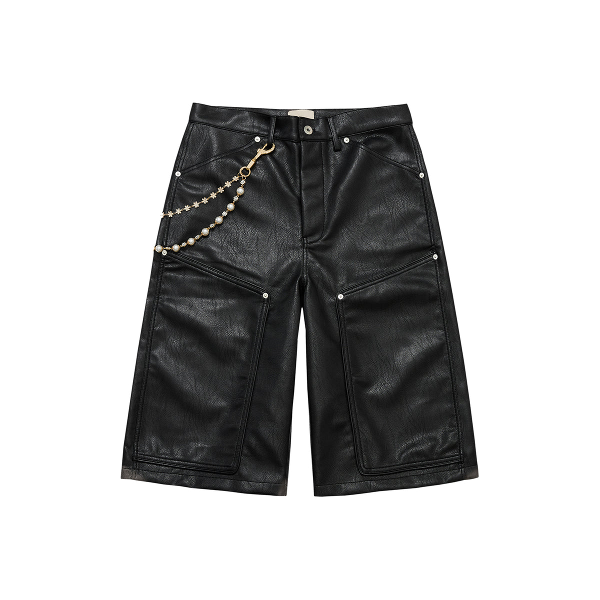 RESERFF Cropped Faux Leather Pants, Vintage Old English Embroidery With Chain Detail, High Waist 7/8 Length Leather Trousers For Women