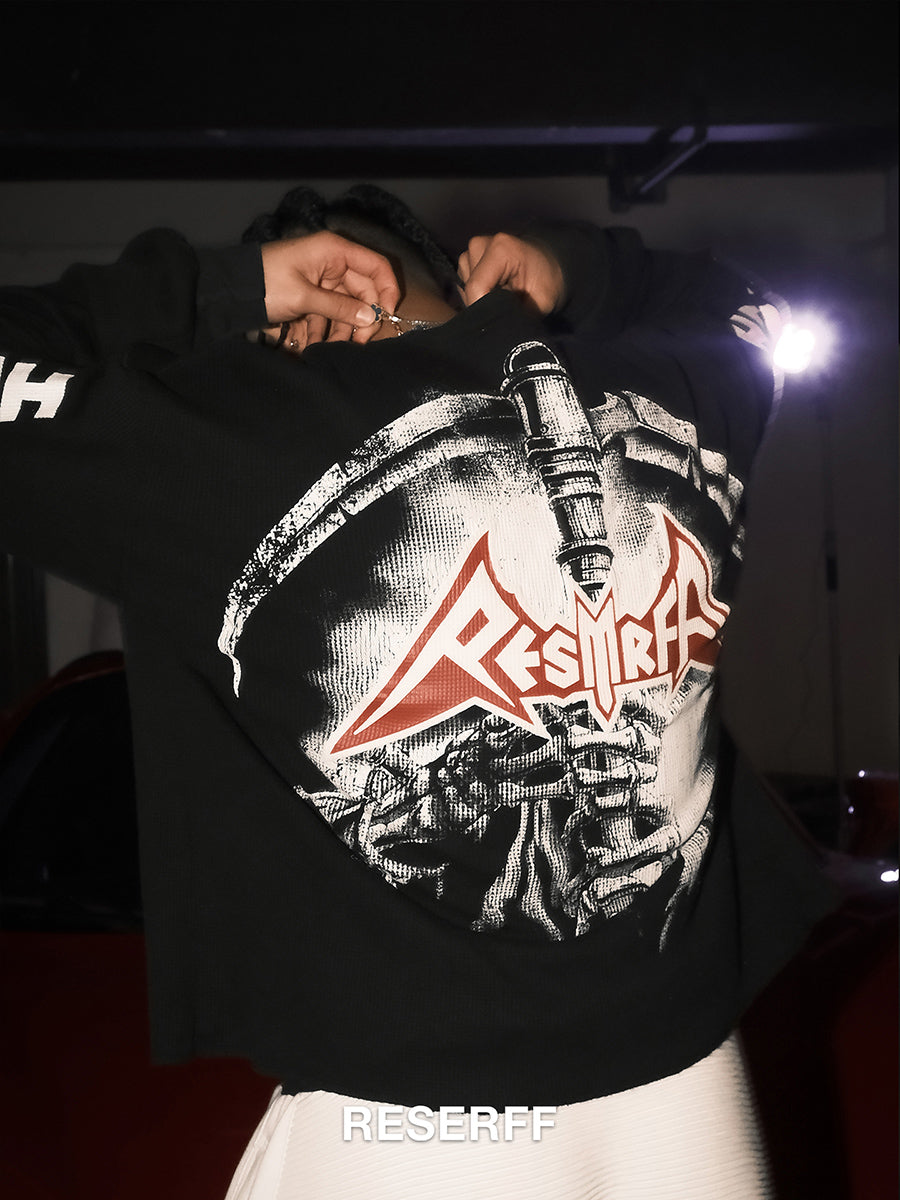 HOLLYWOOD WAFFLE GRID RETRO PRINT DISTRESSED HEAVYWEIGHT OVERSIZED LONG SLEEVE SWEATSHIRT