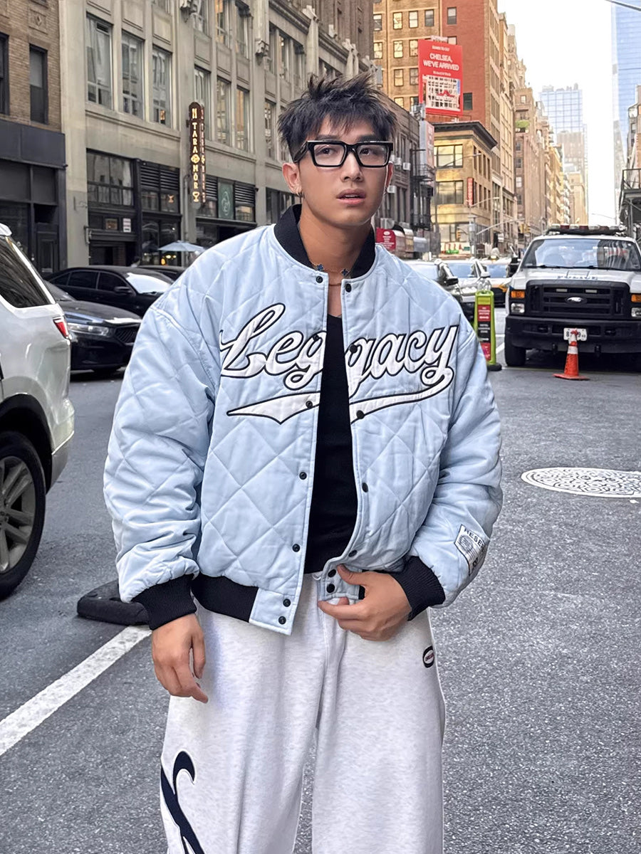 RESERFF X AVIA COLLABORATES WITH OREGON LEGEND ICE BLUE RETRO EMBROIDERED PATCH BASEBALL FLIGHT JACKET COTTON JACKET