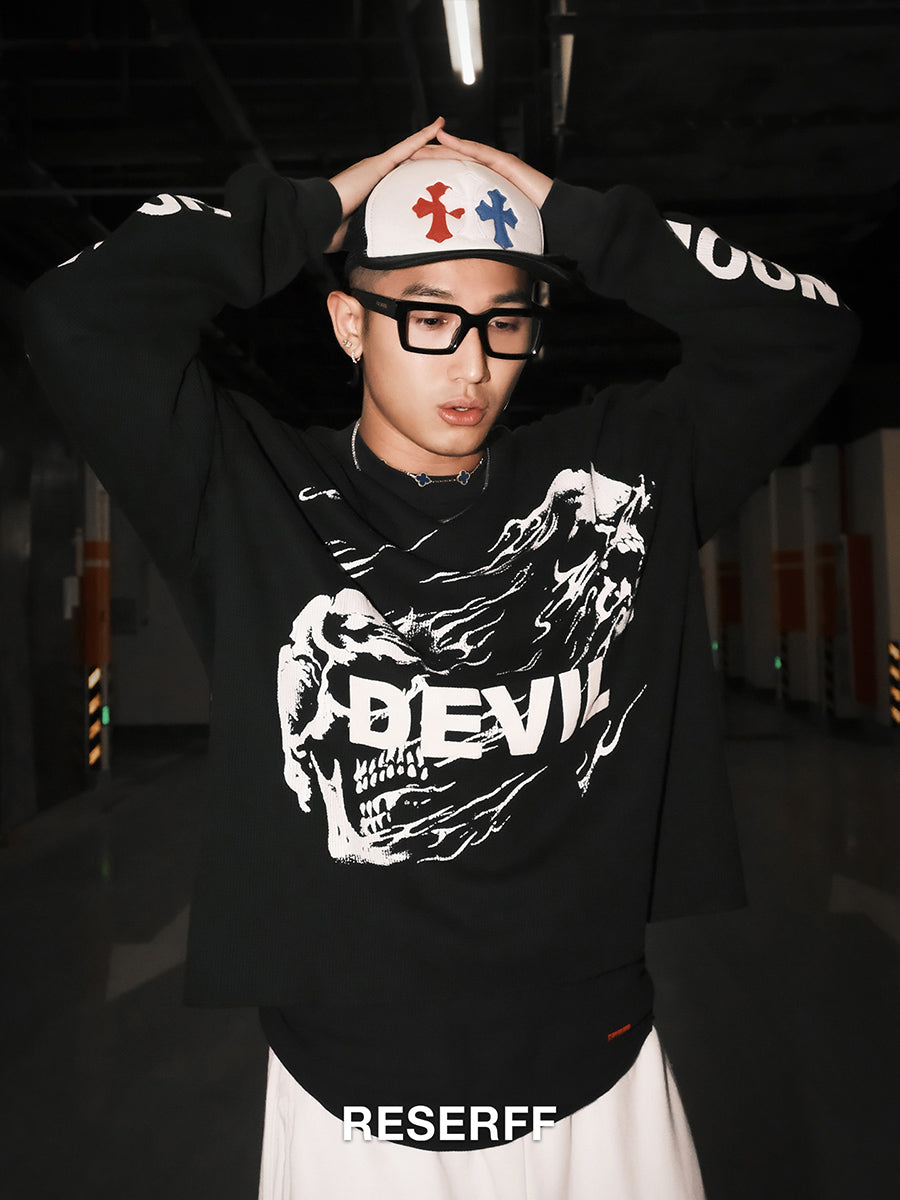 HOLLYWOOD WAFFLE GRID RETRO PRINT DISTRESSED HEAVYWEIGHT OVERSIZED LONG SLEEVE SWEATSHIRT