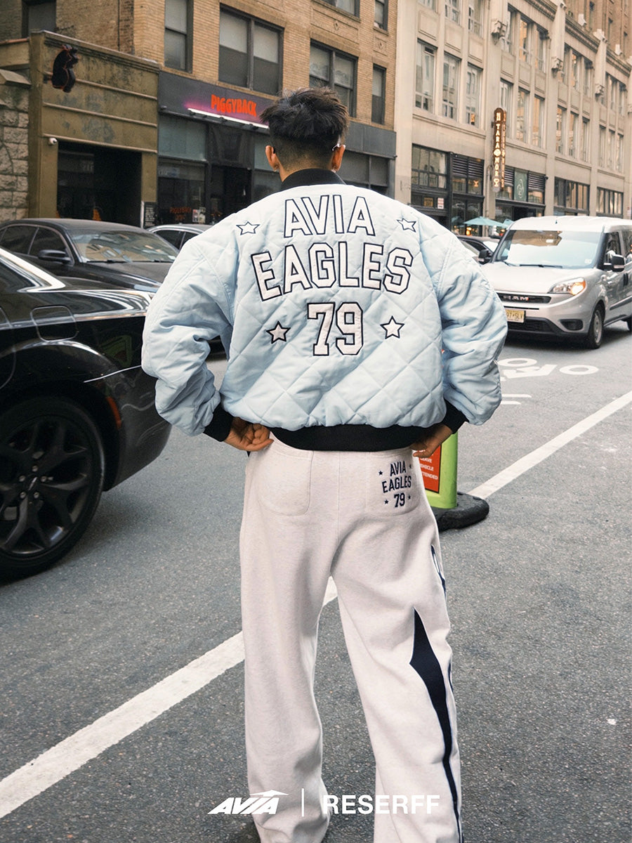 RESERFF X AVIA COLLABORATES WITH OREGON LEGEND ICE BLUE RETRO EMBROIDERED PATCH BASEBALL FLIGHT JACKET COTTON JACKET