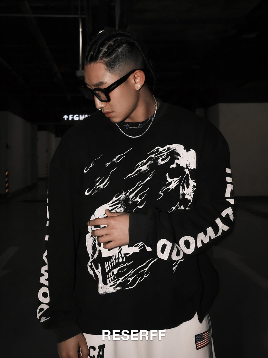 HOLLYWOOD WAFFLE GRID RETRO PRINT DISTRESSED HEAVYWEIGHT OVERSIZED LONG SLEEVE SWEATSHIRT